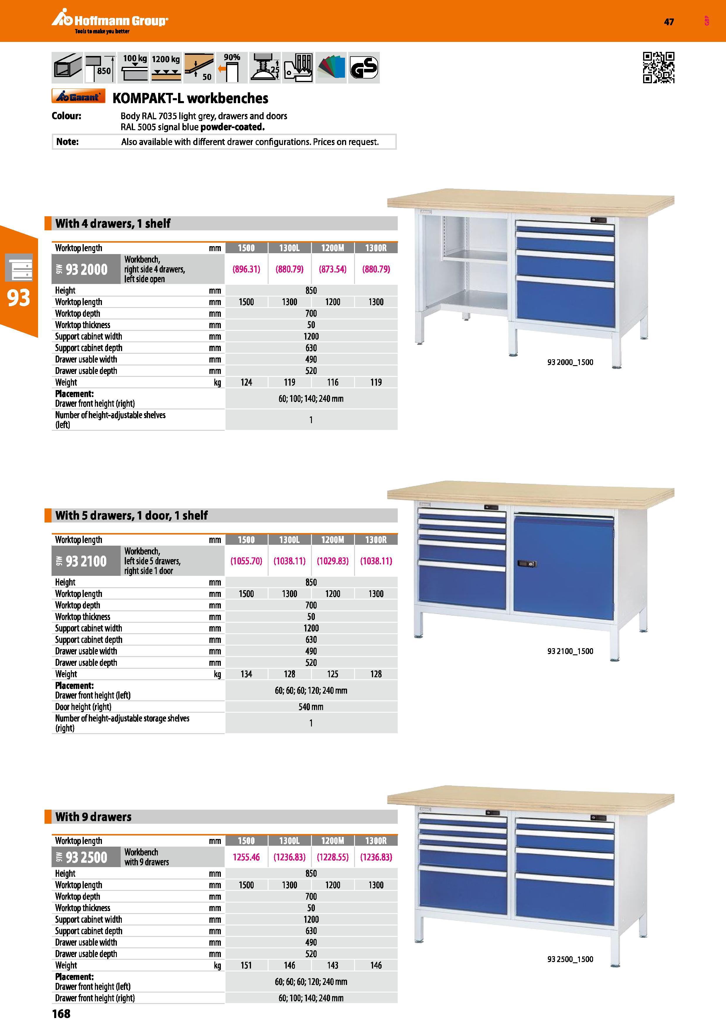 168 Hoffmann Group 47 ja 100 kg 1200 kg 8501 1 t Auarant KOMPAKT-L workbenches Colour: Note: jpnn Body RAL 7035 light grey, drawers and doors RAL 500 Каталог HOFFMANN GROUP 2016 Производственная мебель для работы хранения и транспортировки в условиях промышленных предприятий и сервисных мастерских Вер. 47 ENG Стр. 168
