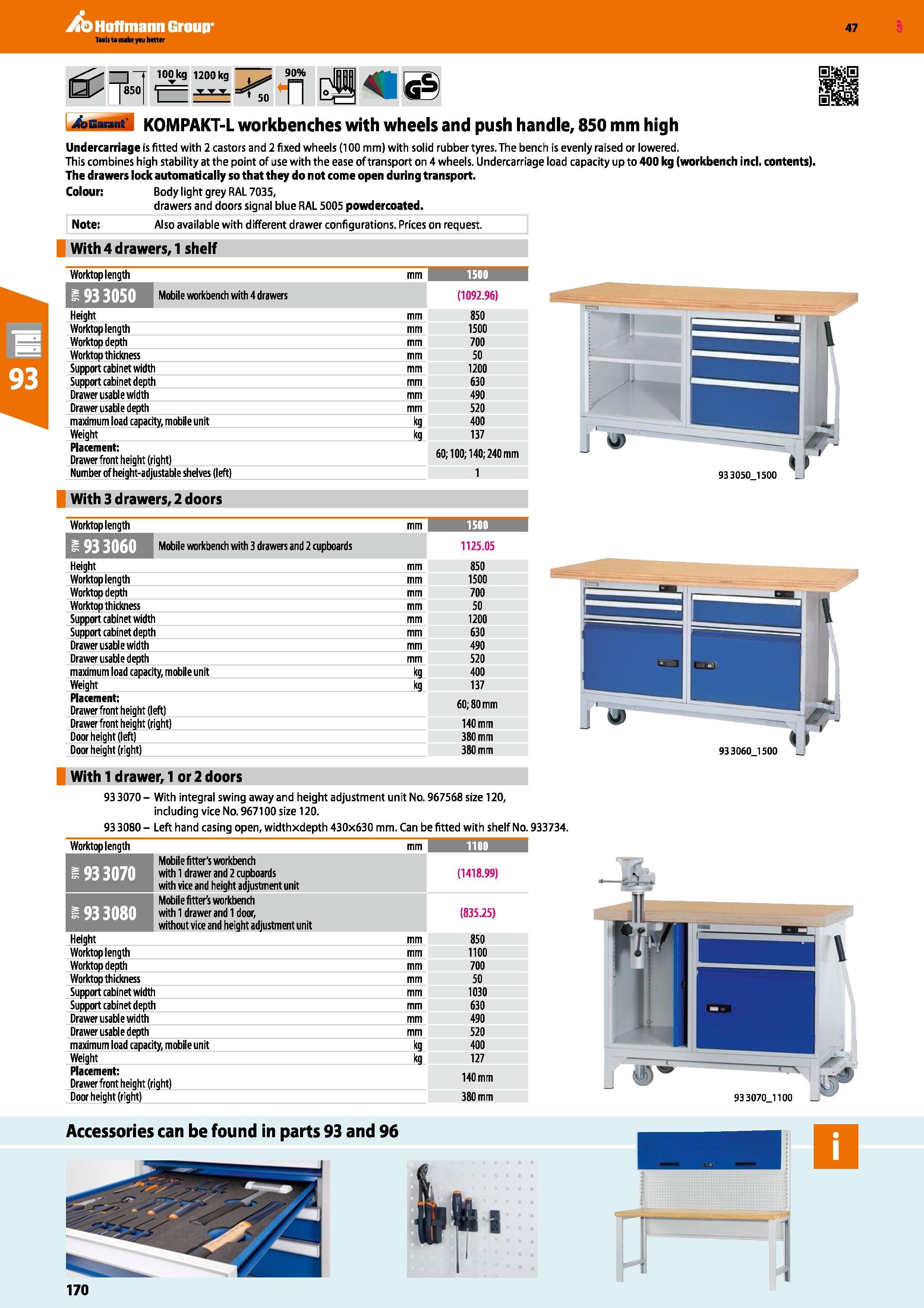 170 Hoffmann Group 47 4aBM ii KOMPAKT-L workbenches with wheels and push handle, 850 mm high Undercarriage is fitted with 2 castors and 2 fixed wheel Каталог HOFFMANN GROUP 2016 Производственная мебель для работы хранения и транспортировки в условиях промышленных предприятий и сервисных мастерских Вер. 47 ENG Стр. 170