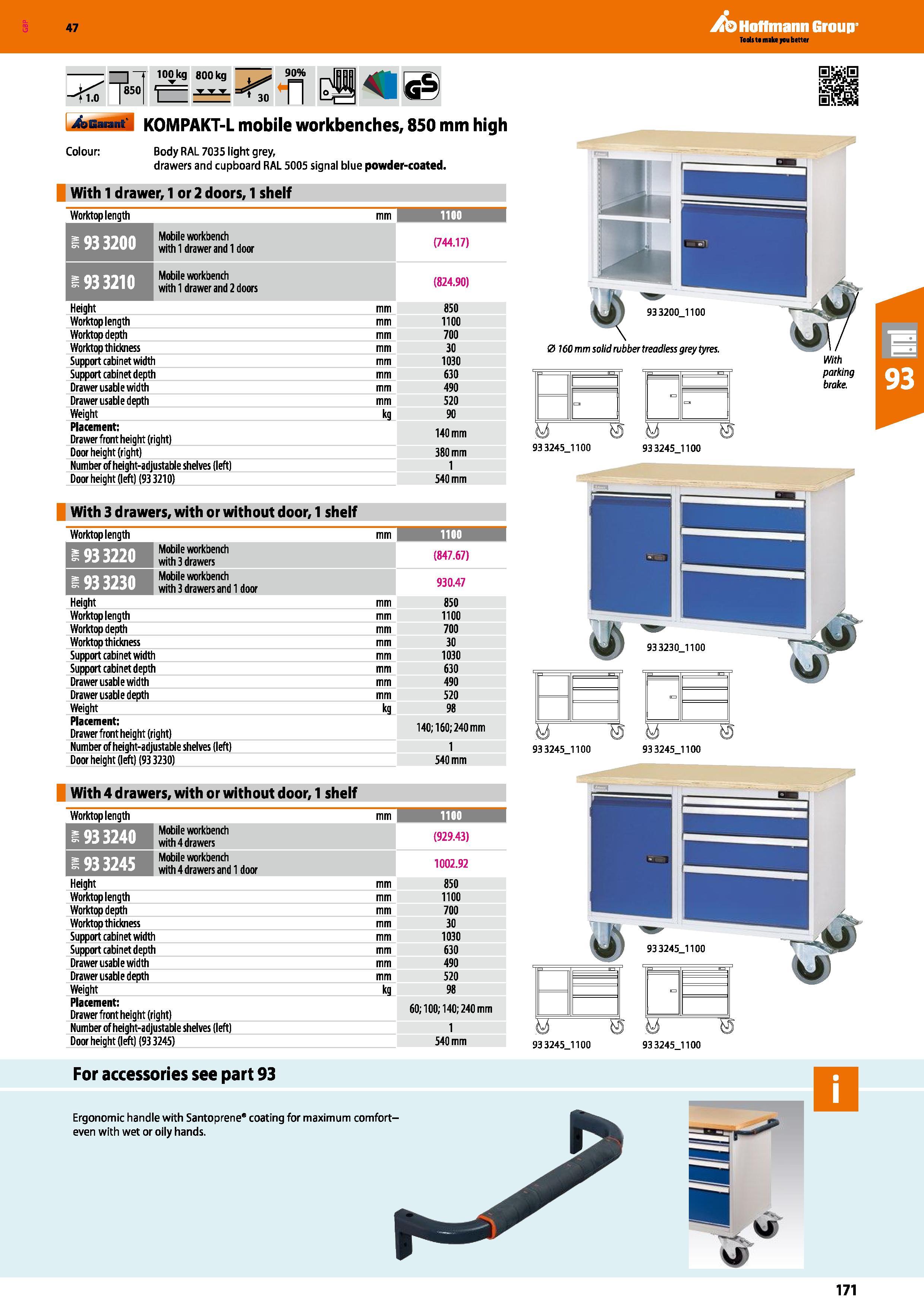 171 Hoffmann Group 47 100 kg 800 kg 8501 i ttt 30 -trfl Auarant KOMPAKT-L mobile workbenches, 850 mm high Colour: Body RAL 7035 light grey, drawers a Каталог HOFFMANN GROUP 2016 Производственная мебель для работы хранения и транспортировки в условиях промышленных предприятий и сервисных мастерских Вер. 47 ENG Стр. 171