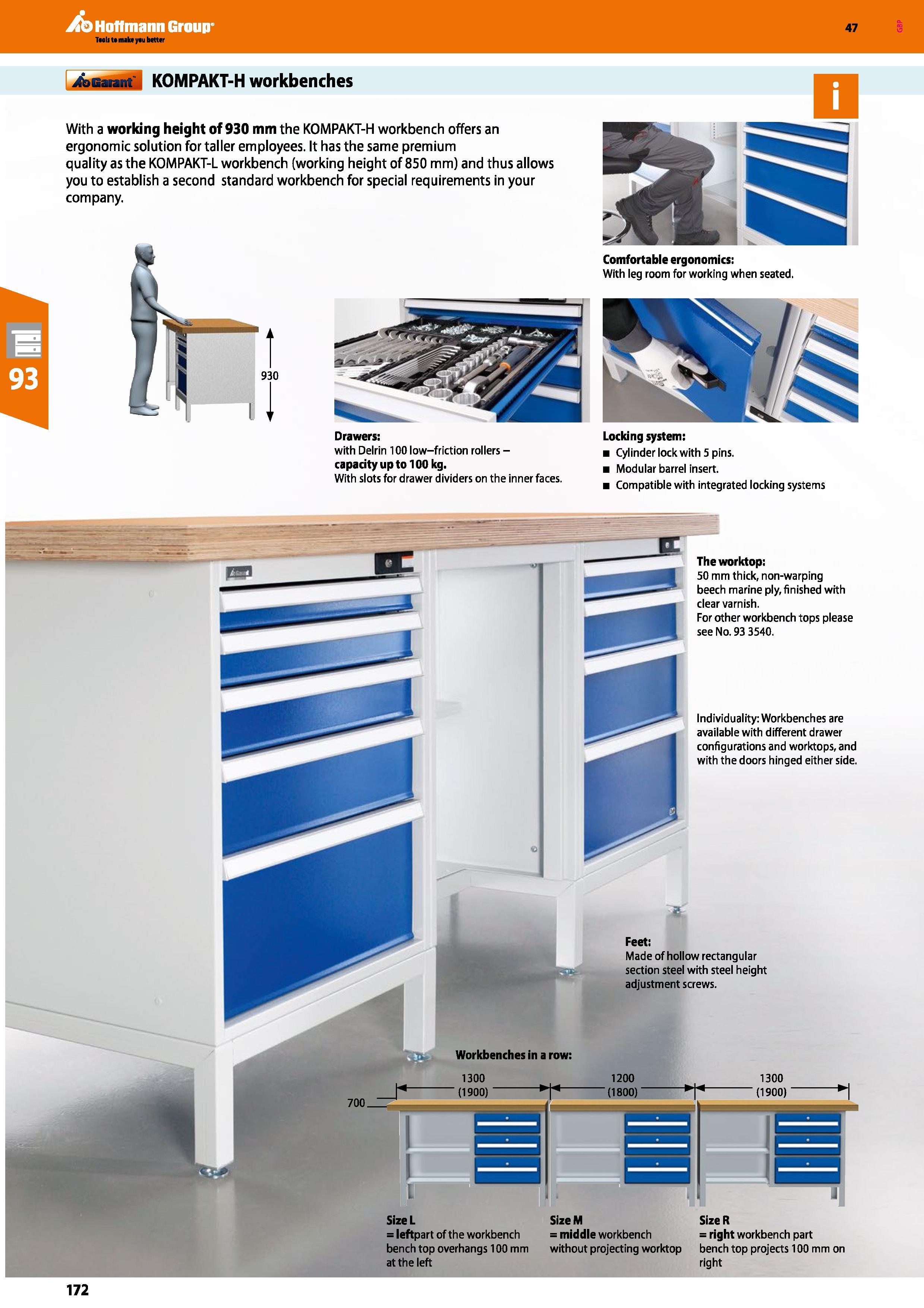 172 Hoffmann Group 47 KOMPAKT-H workbenches With a working height of 930 mm the KOMPAKT-H workbench offers an ergonomic solution for taller employees Каталог HOFFMANN GROUP 2016 Производственная мебель для работы хранения и транспортировки в условиях промышленных предприятий и сервисных мастерских Вер. 47 ENG Стр. 172