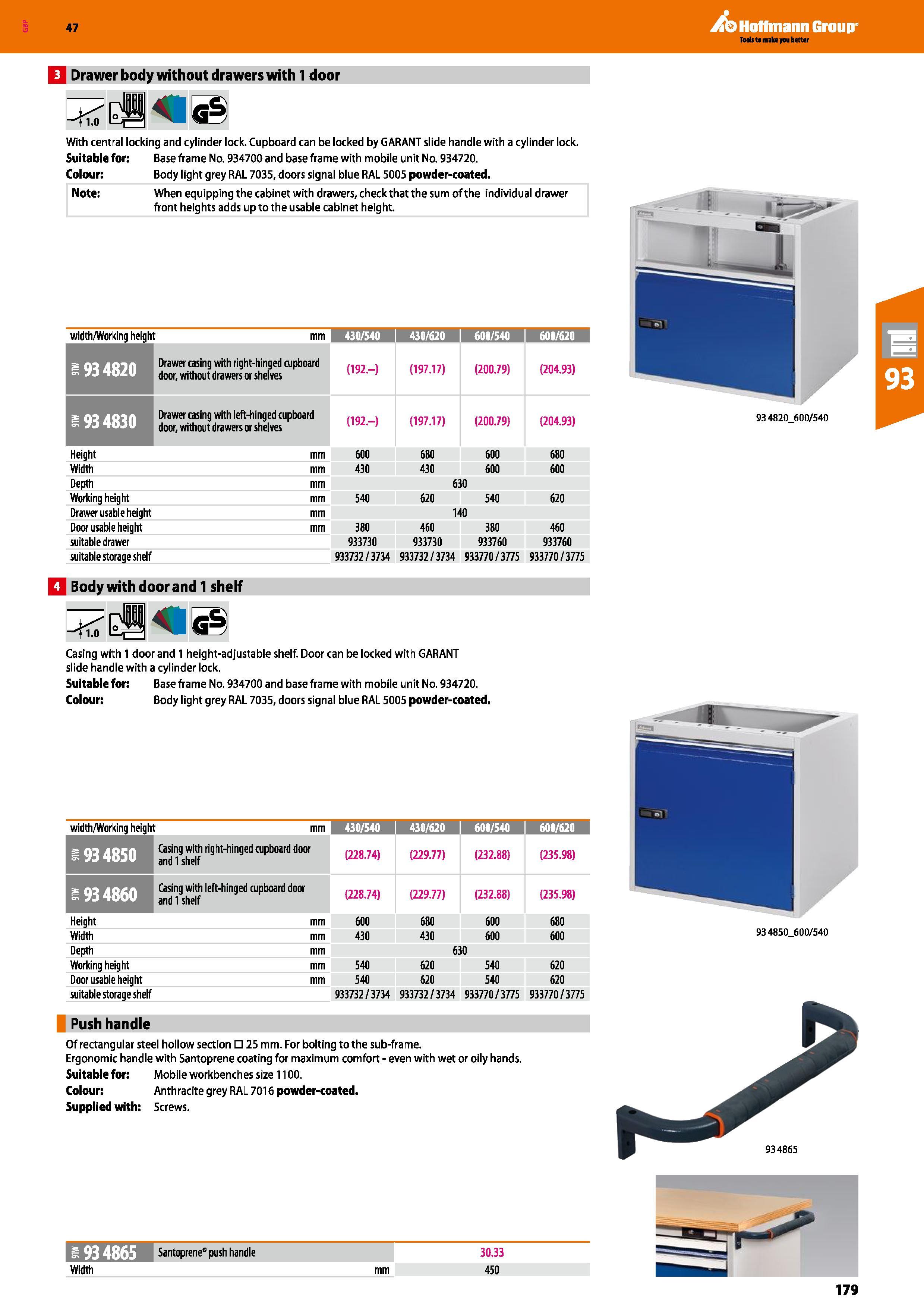 179 Hoffmann Group 47 Q Drawer body without drawers with 1 door With central locking and cylinder lock Cupboard can be locked by GARANT slide handle Каталог HOFFMANN GROUP 2016 Производственная мебель для работы хранения и транспортировки в условиях промышленных предприятий и сервисных мастерских Вер. 47 ENG Стр. 179