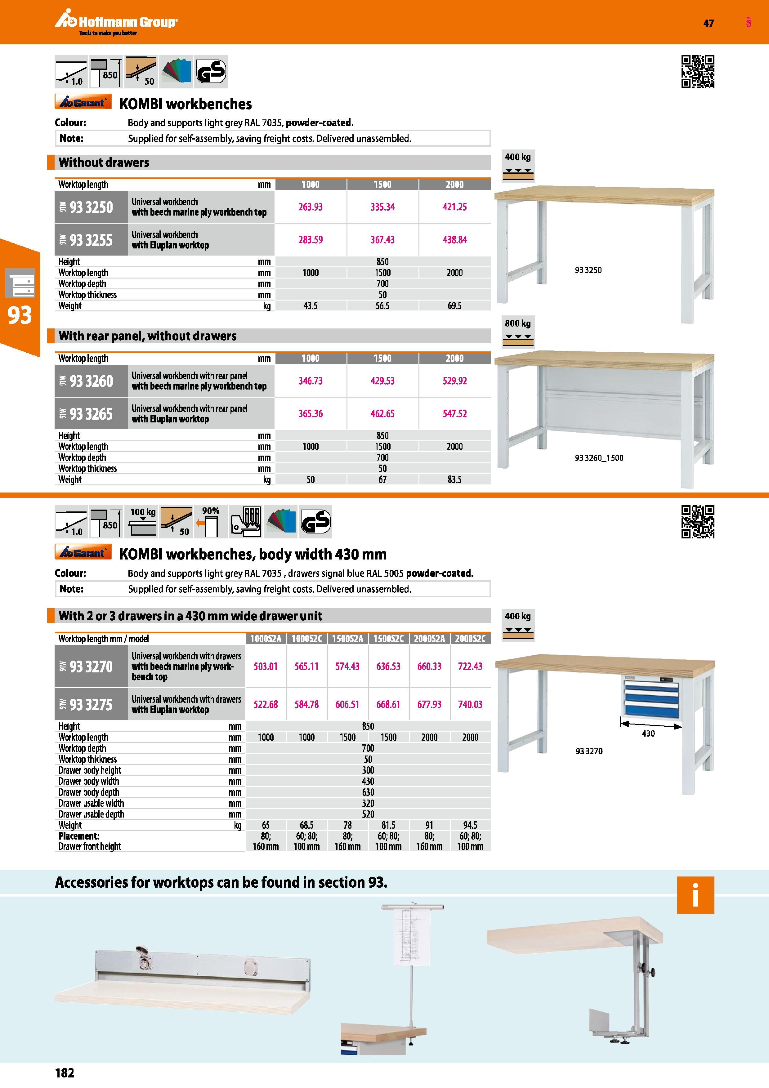 182 Hoffmann Group 47 Auarant KOMBI workbenches Colour: Body and supports light grey RAL 7035, powder-coated Note: Supplied for self-assembly, saving Каталог HOFFMANN GROUP 2016 Производственная мебель для работы хранения и транспортировки в условиях промышленных предприятий и сервисных мастерских Вер. 47 ENG Стр. 182