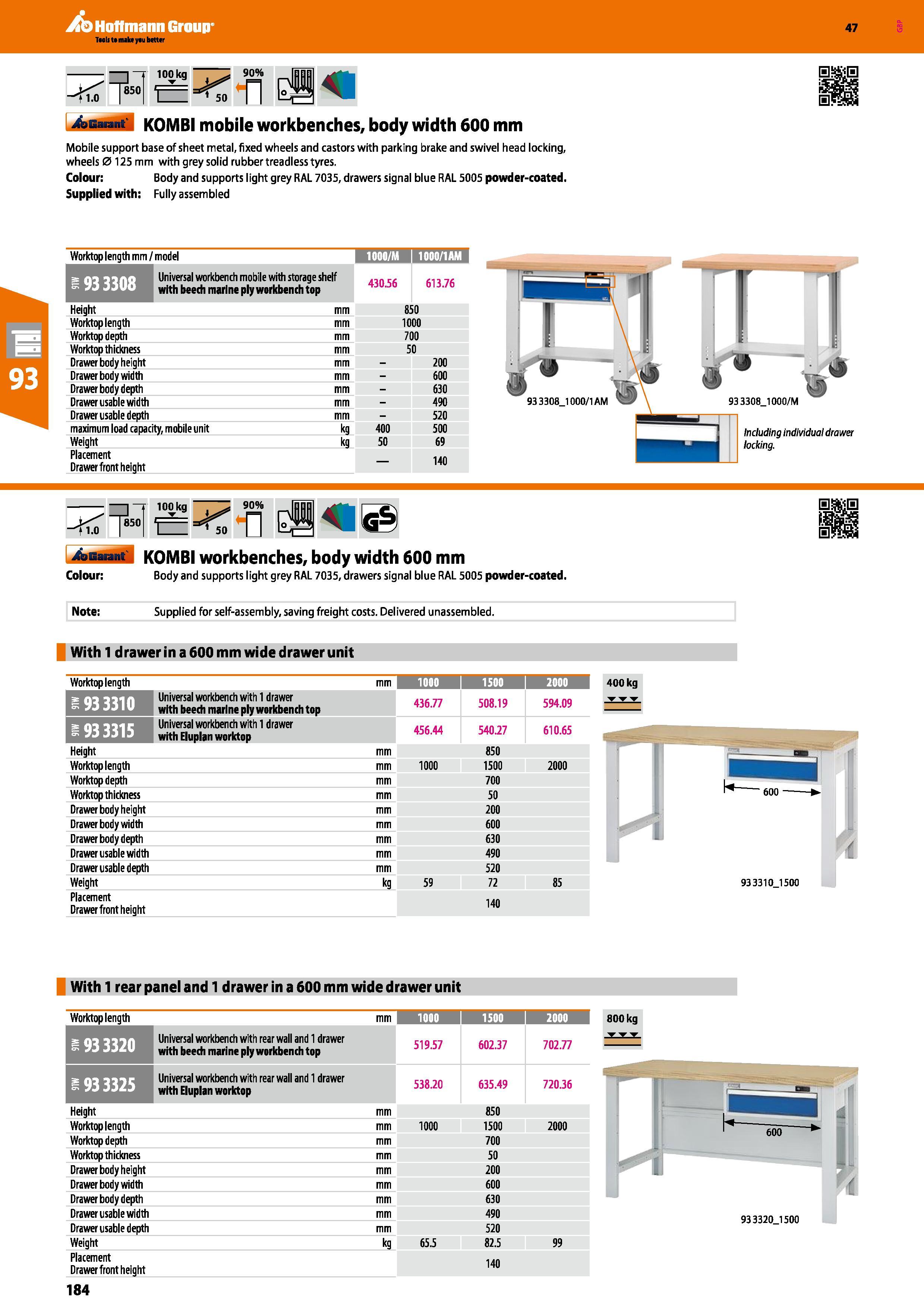 184 0 H II 4sEM tii KOMBI mobile workbenches, body width 600 mm Mobile support base of sheet metal, fixed wheels and castors with parking brake and s Каталог HOFFMANN GROUP 2016 Производственная мебель для работы хранения и транспортировки в условиях промышленных предприятий и сервисных мастерских Вер. 47 ENG Стр. 184