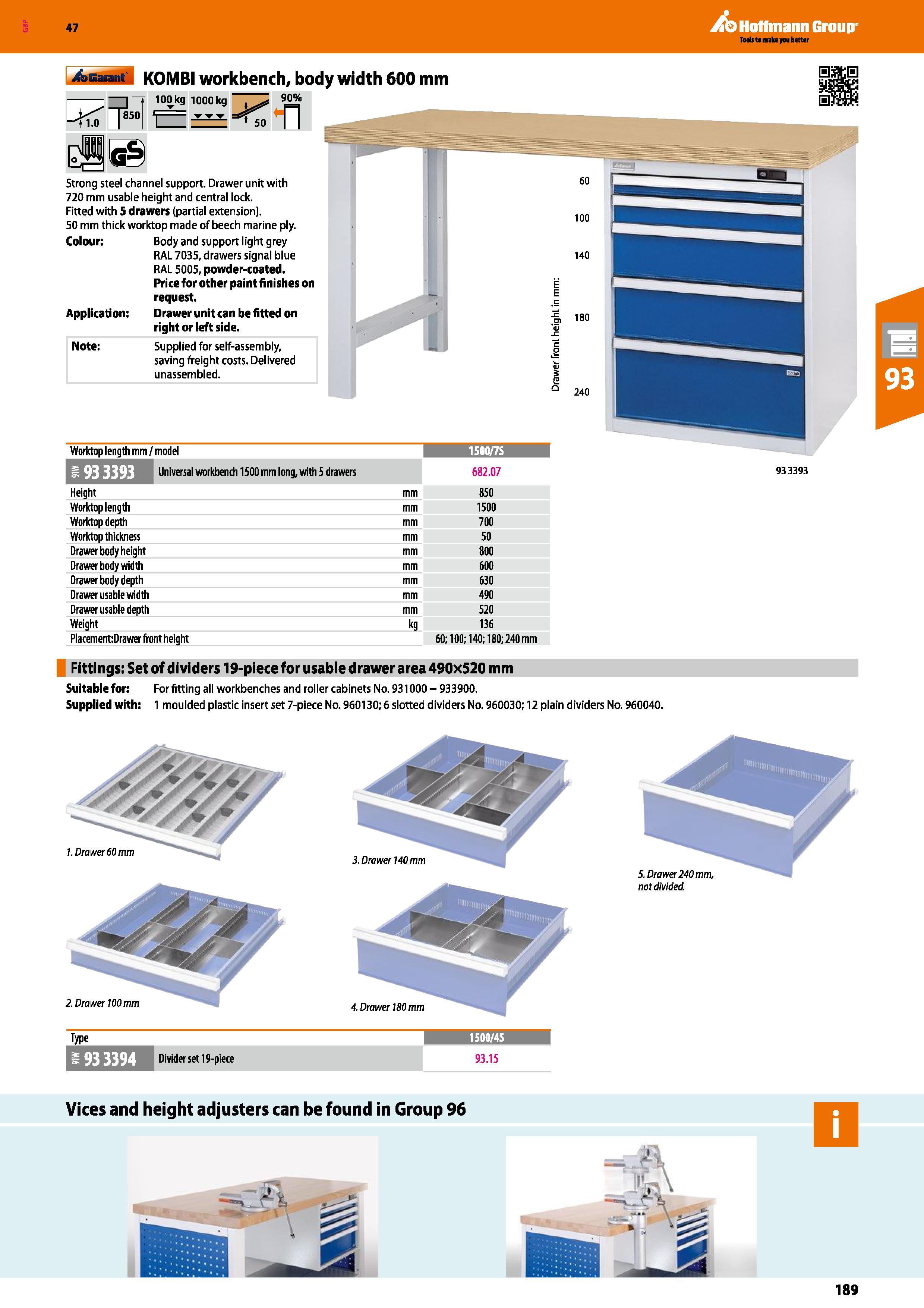 189 Hoffmann Group 47 i&Eaniit' KOMBI workbench, body width 600 mm - “j 100 kg 1000 kg 90% i lasol i I I fl 0 I ‘50 II Strong steel channel support D Каталог HOFFMANN GROUP 2016 Производственная мебель для работы хранения и транспортировки в условиях промышленных предприятий и сервисных мастерских Вер. 47 ENG Стр. 189