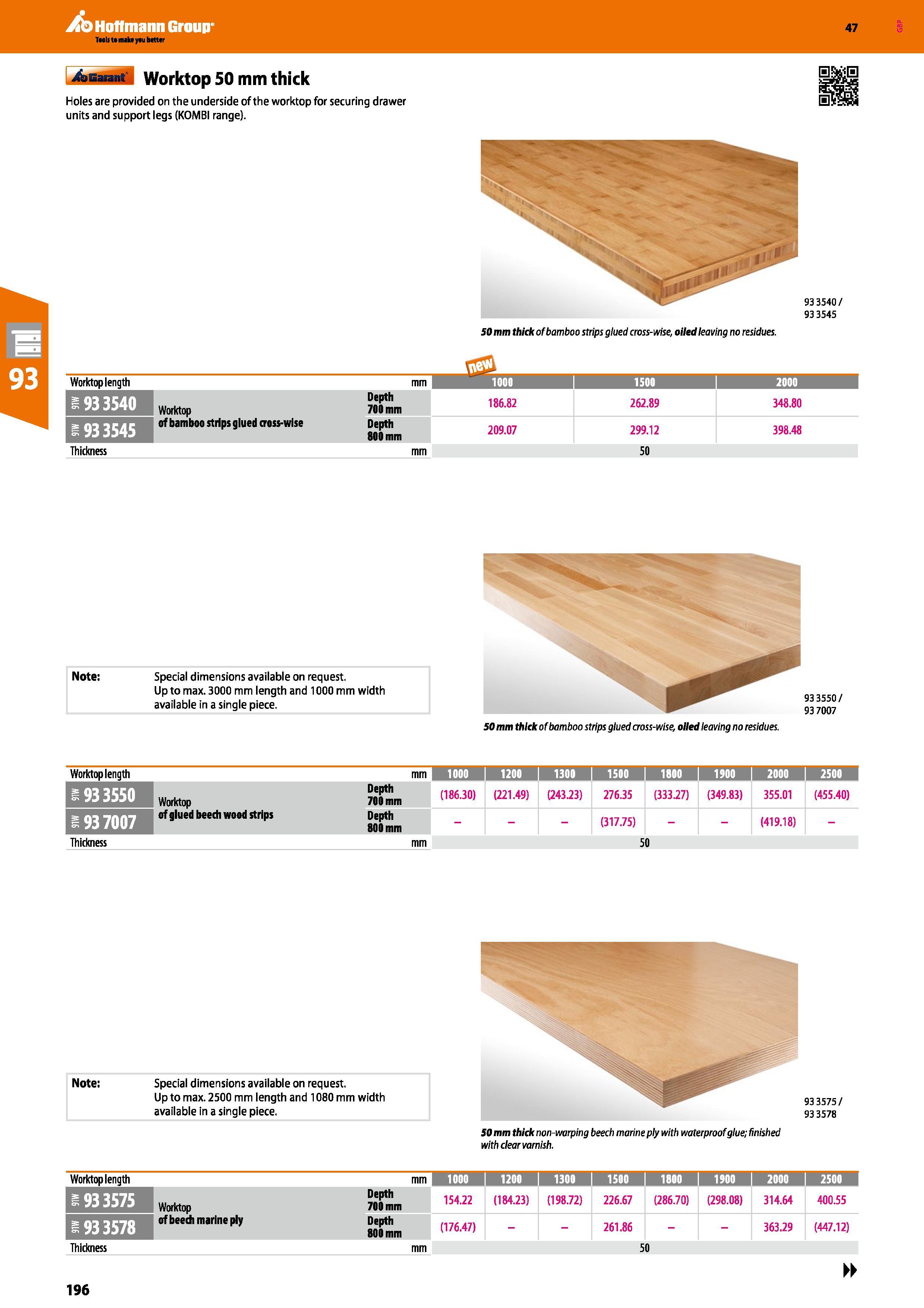 196 Hoffmann Group 47 Worktop 50 mm thick Holes are provided on the underside of the worktop for securing drawer units and support legs (KOMBI range) Каталог HOFFMANN GROUP 2016 Производственная мебель для работы хранения и транспортировки в условиях промышленных предприятий и сервисных мастерских Вер. 47 ENG Стр. 196