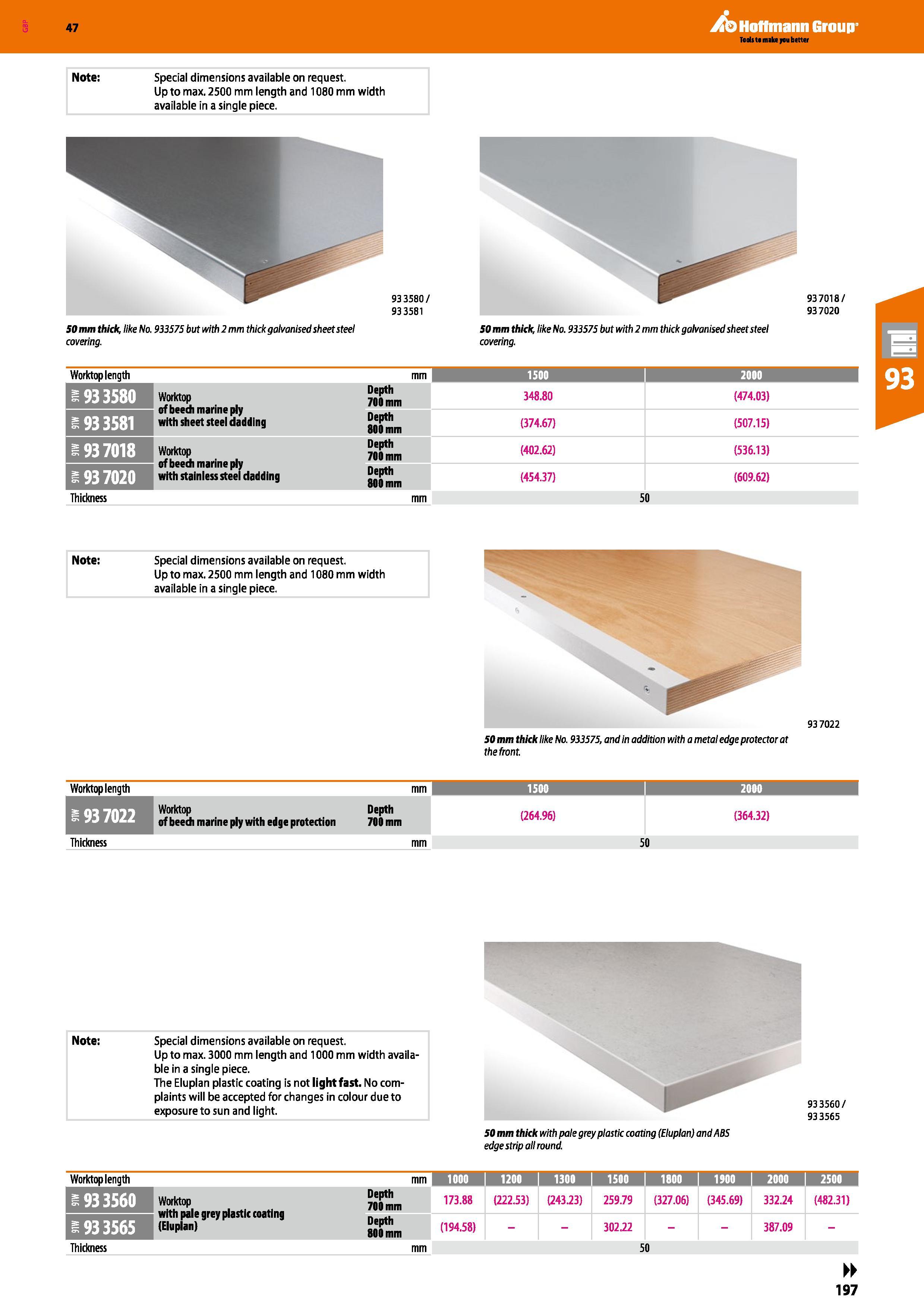 197 Hoffmann Group 47 Note: Special dimensions available on request Up to max 2500 mm length and 1080 mm width available in a single piece SO mm thic Каталог HOFFMANN GROUP 2016 Производственная мебель для работы хранения и транспортировки в условиях промышленных предприятий и сервисных мастерских Вер. 47 ENG Стр. 197
