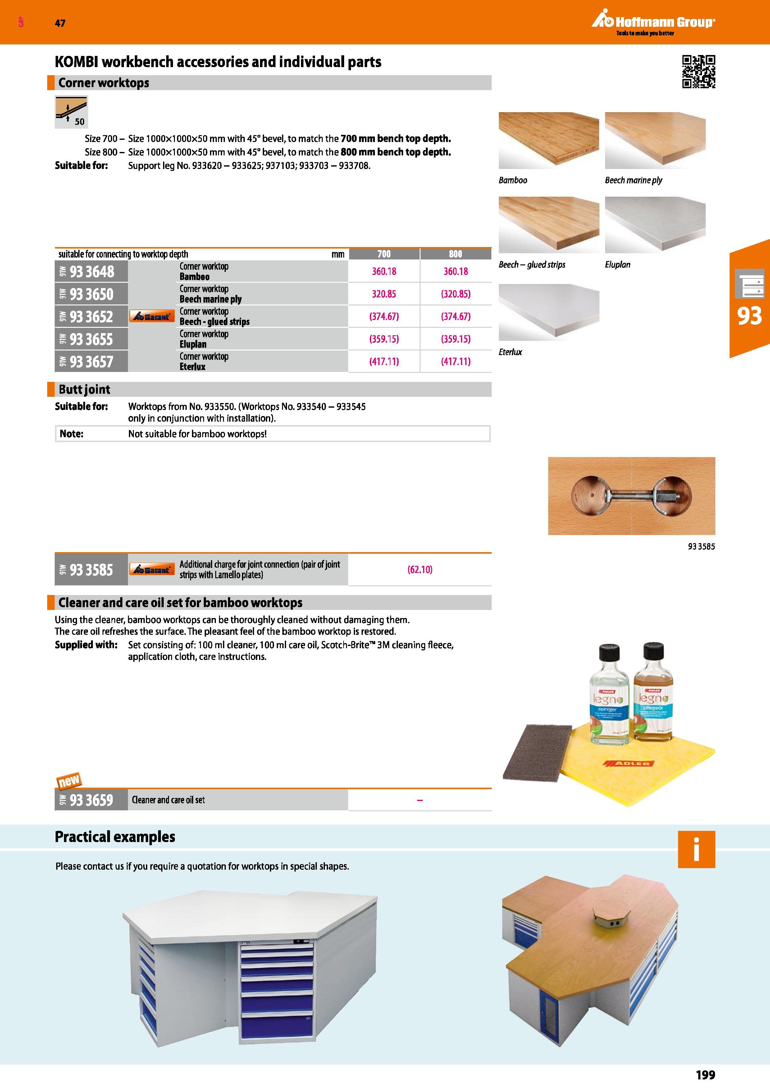 199 Hoffmann Group 47 KOMBI workbench accessories and individual parts Corner worktops Size 700 - Size 1000x1000x50 mm with 45° bevel, to match the 7 Каталог HOFFMANN GROUP 2016 Производственная мебель для работы хранения и транспортировки в условиях промышленных предприятий и сервисных мастерских Вер. 47 ENG Стр. 199