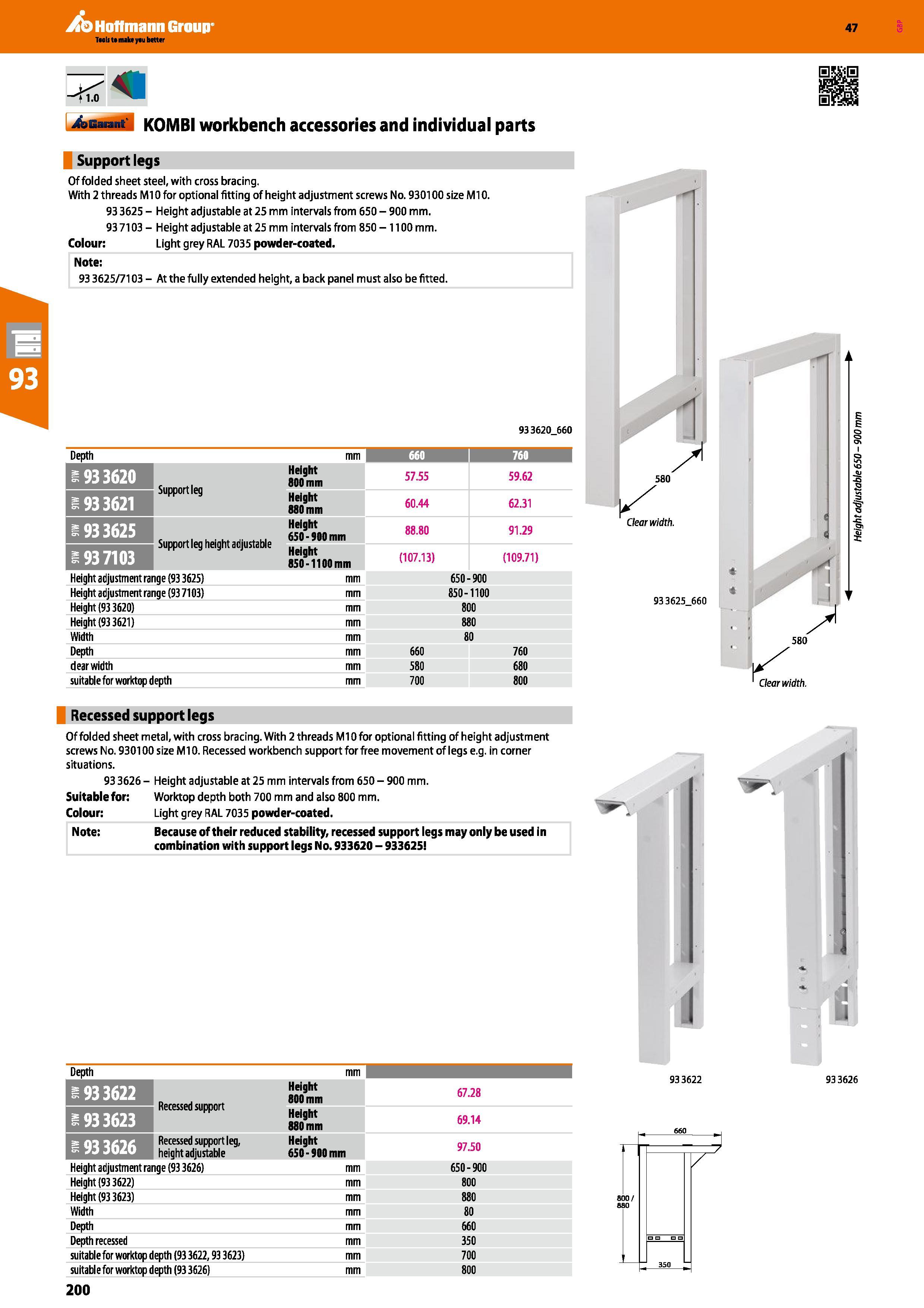 200 Auarant KOMBI workbench accessories and individual parts Support legs Of folded sheet steel, with cross bracing With 2 threads Ml 0 for optional Каталог HOFFMANN GROUP 2016 Производственная мебель для работы хранения и транспортировки в условиях промышленных предприятий и сервисных мастерских Вер. 47 ENG Стр. 200