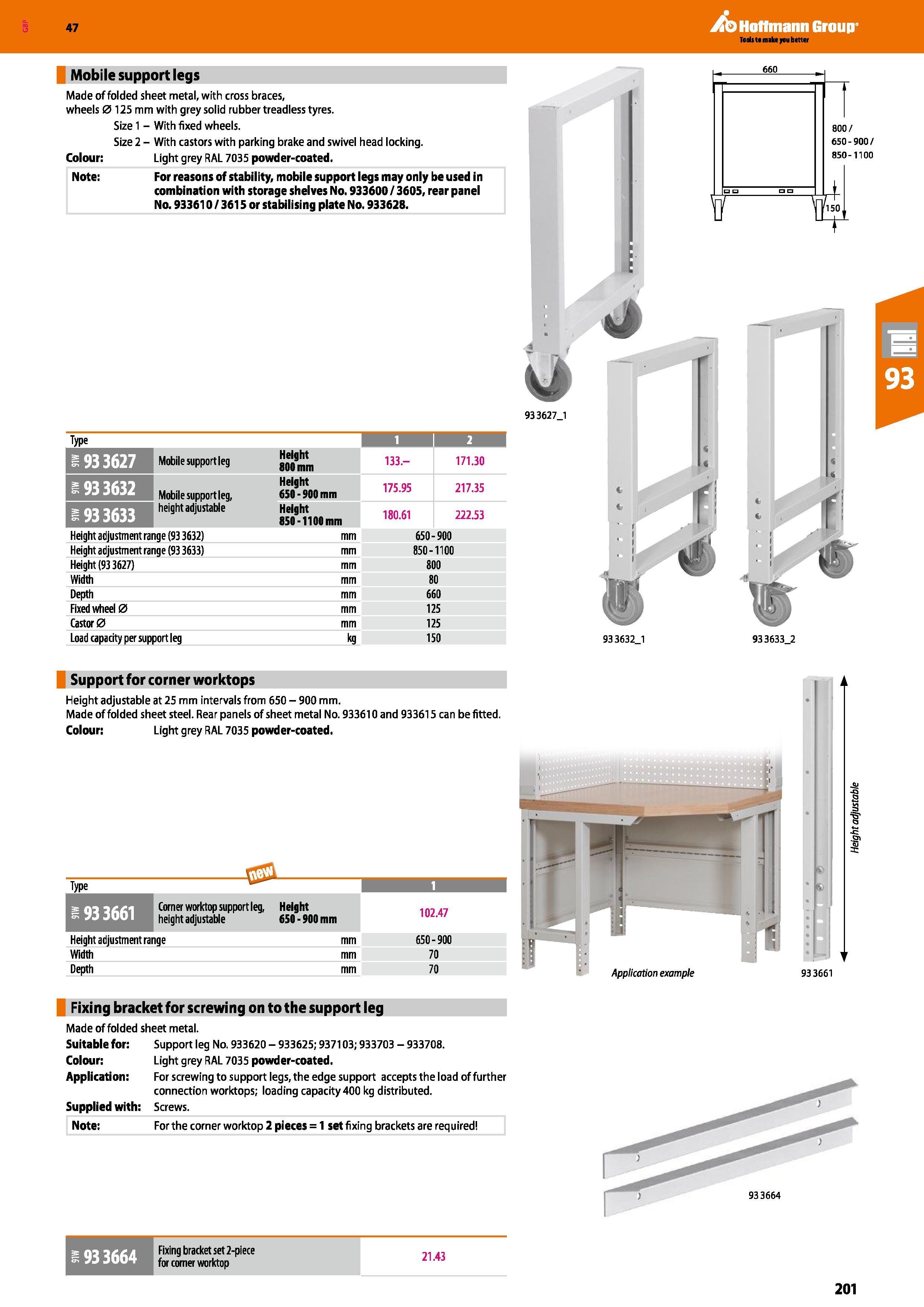 201 Hoffmann Group 47 Mobile support legs Made of folded sheet metal, with cross braces, wheels 0125 mm with grey solid rubber treadless tyres Size 1 Каталог HOFFMANN GROUP 2016 Производственная мебель для работы хранения и транспортировки в условиях промышленных предприятий и сервисных мастерских Вер. 47 ENG Стр. 201