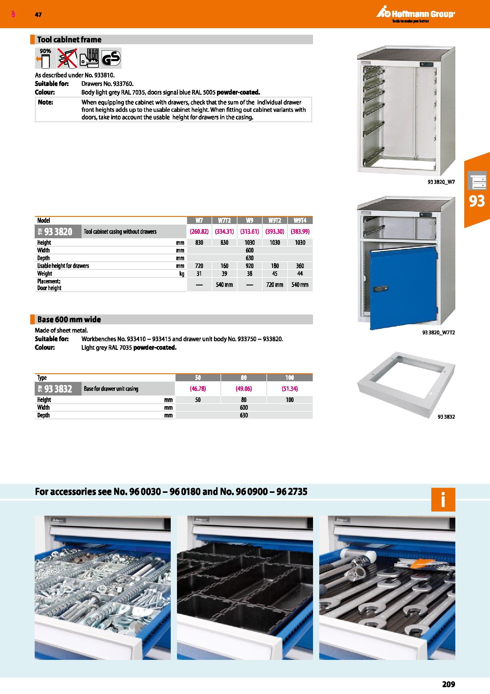 209 47 Ato Hoffmann Group KnkttinbrM brttti Tool cabinet frame 90% n As described under No 933810 Suitable for: Drawers No 933760 Colour: Body light Каталог HOFFMANN GROUP 2016 Производственная мебель для работы хранения и транспортировки в условиях промышленных предприятий и сервисных мастерских Вер. 47 ENG Стр. 209