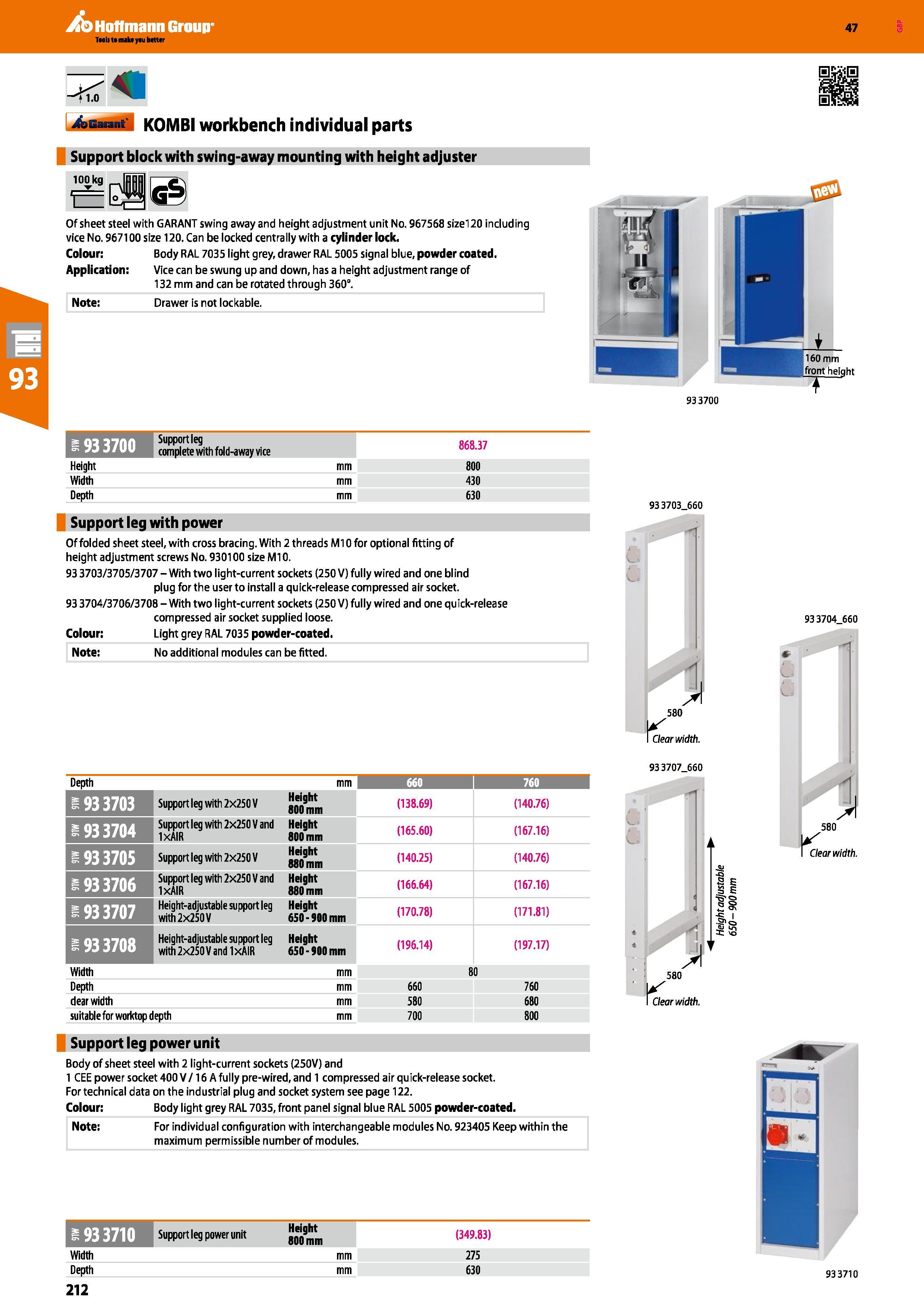 212 Hoffmann Group 47 <1 0 Auarant KOMBI workbench individual parts Support block with swing-away mounting with height adjuster 100 kg t Of sheet ste Каталог HOFFMANN GROUP 2016 Производственная мебель для работы хранения и транспортировки в условиях промышленных предприятий и сервисных мастерских Вер. 47 ENG Стр. 212