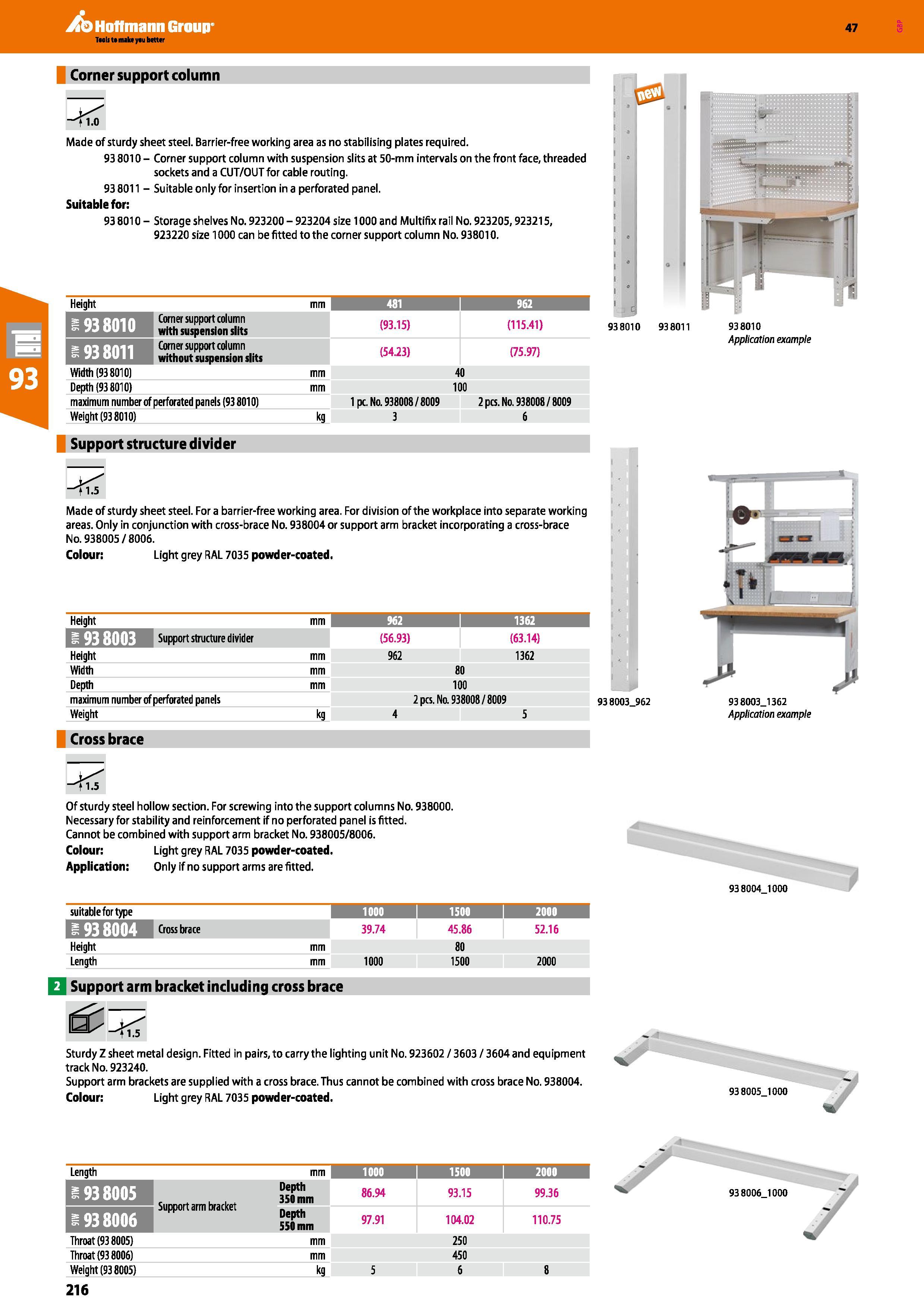 216 Hoffmann Group 47 Corner support column t 1-0 Made of sturdy sheet steel Barrier-free working area as no stabilising plates required 93 8010 - Co Каталог HOFFMANN GROUP 2016 Производственная мебель для работы хранения и транспортировки в условиях промышленных предприятий и сервисных мастерских Вер. 47 ENG Стр. 216