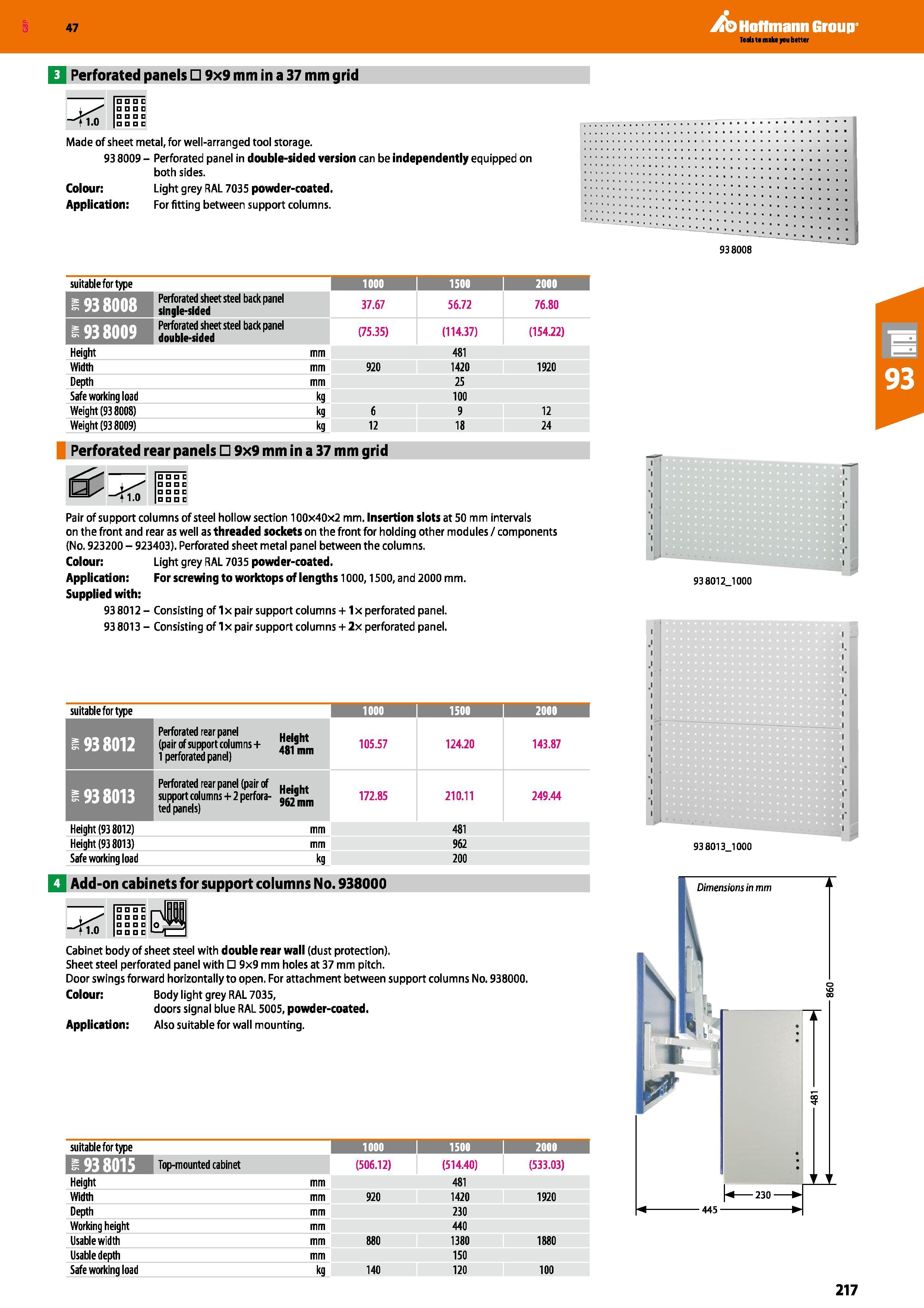 217 Hoffmann Group 47 Q Perforated panels 9x9 mm in a 37 mm grid t 1-0 c D D Made of sheet metal, for well-arranged tool storage 93 8009 - Perforated Каталог HOFFMANN GROUP 2016 Производственная мебель для работы хранения и транспортировки в условиях промышленных предприятий и сервисных мастерских Вер. 47 ENG Стр. 217