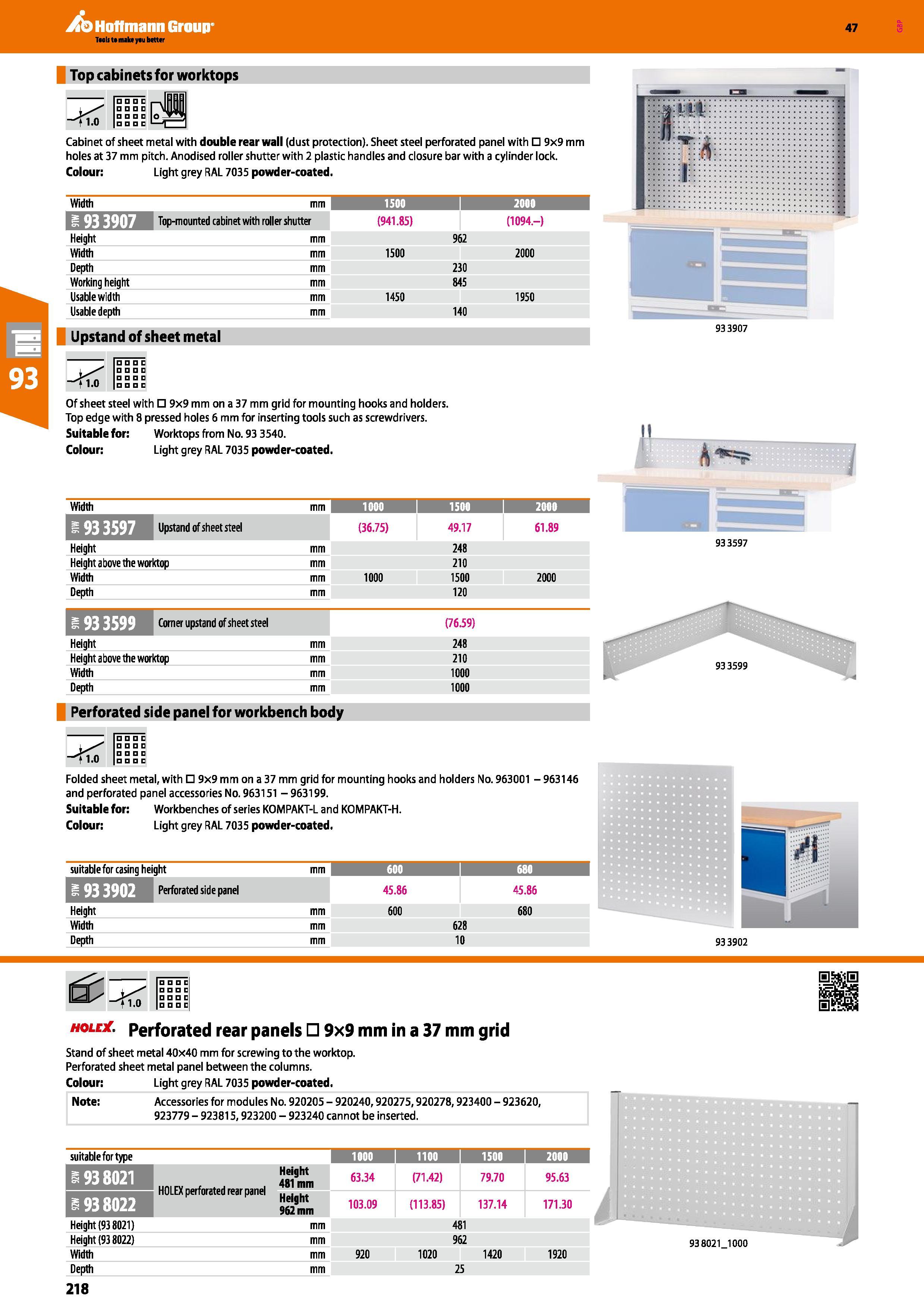 218 Hoffmann Group 47 Top cabinets for worktops t 1-0 DDE , I D I o I Cabinet of sheet metal with double rear wall (dust protection) Sheet steel perf Каталог HOFFMANN GROUP 2016 Производственная мебель для работы хранения и транспортировки в условиях промышленных предприятий и сервисных мастерских Вер. 47 ENG Стр. 218