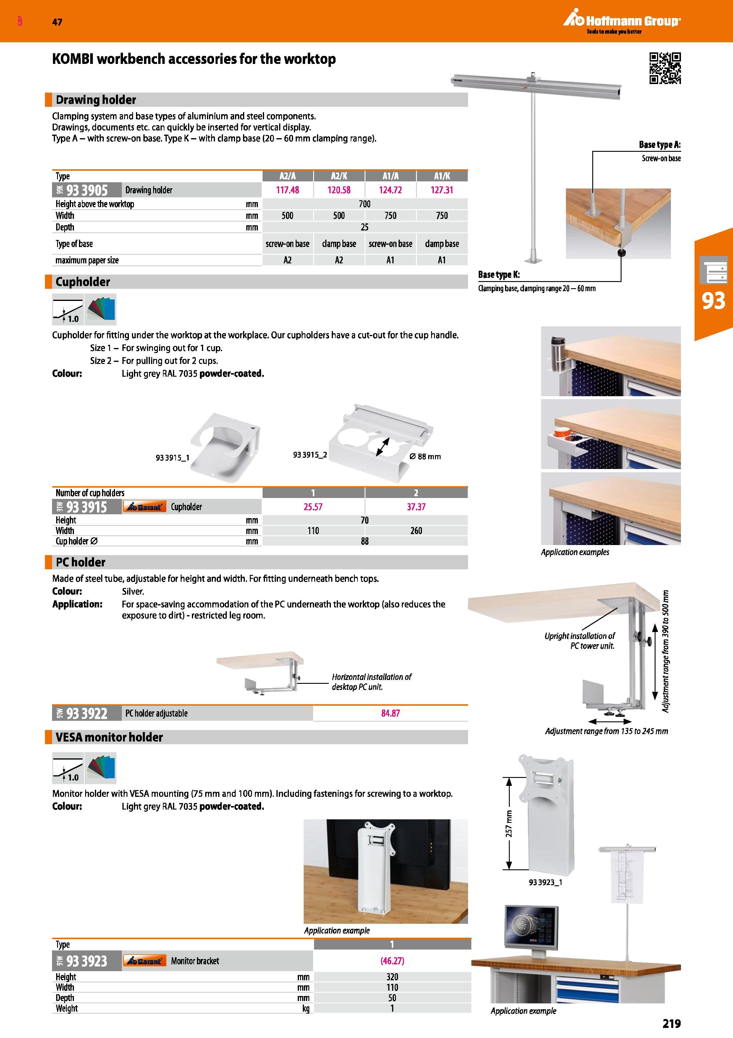 219 Hoffmann Group 47 KOMBI workbench accessories for the worktop Drawing holder Clamping system and base types of aluminium and steel components Dra Каталог HOFFMANN GROUP 2016 Производственная мебель для работы хранения и транспортировки в условиях промышленных предприятий и сервисных мастерских Вер. 47 ENG Стр. 219