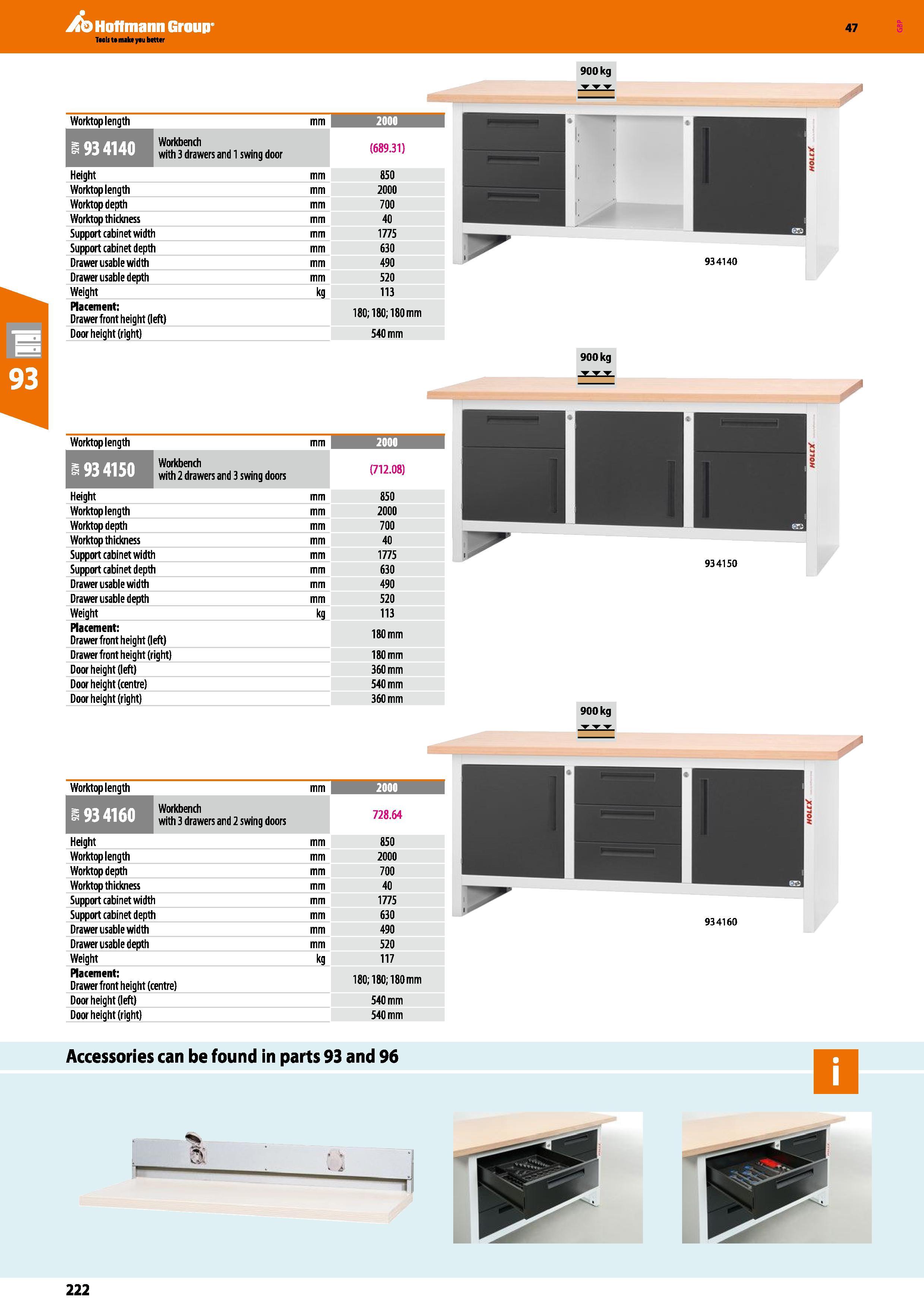 222 Hoffmann Group 47 900 kg Worktop length 8E&3 2000 Workbench with 3 drawers and 1 swing door (689 31) Height mm 850 Worktop length mm 2000 Worktop Каталог HOFFMANN GROUP 2016 Производственная мебель для работы хранения и транспортировки в условиях промышленных предприятий и сервисных мастерских Вер. 47 ENG Стр. 222
