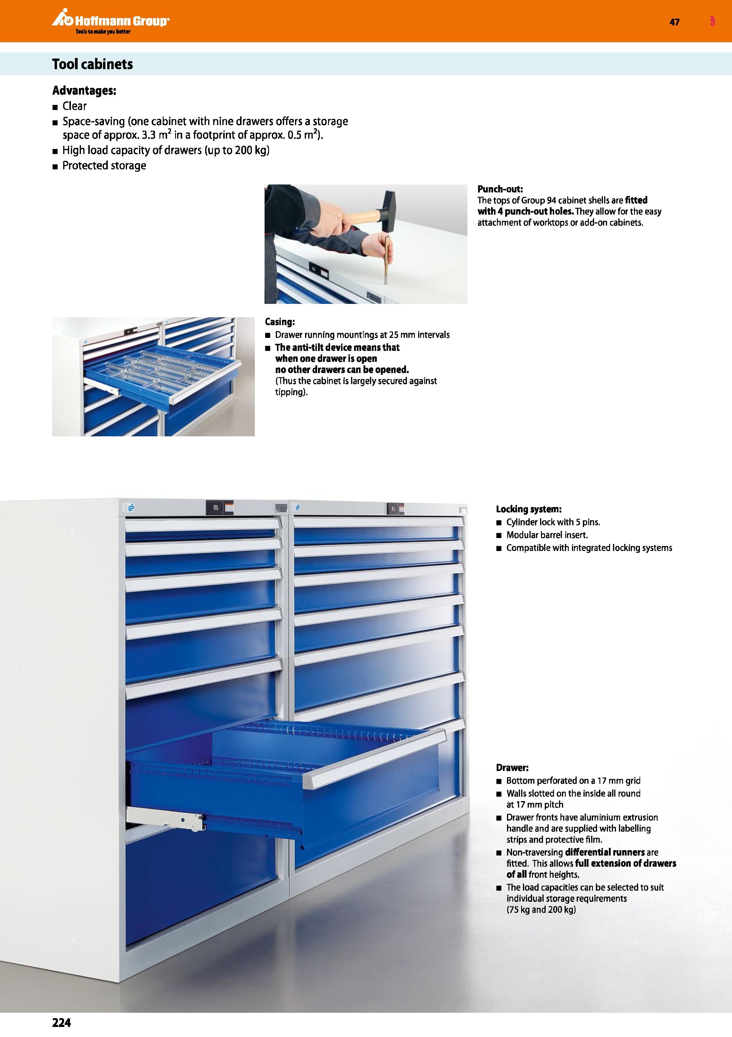 224 Hoffmann Group 47 Tool cabinets Advantages: Clear Space-saving (one cabinet with nine drawers offers a storage space of approx 3 3 m2 in a footpr Каталог HOFFMANN GROUP 2016 Производственная мебель для работы хранения и транспортировки в условиях промышленных предприятий и сервисных мастерских Вер. 47 ENG Стр. 224