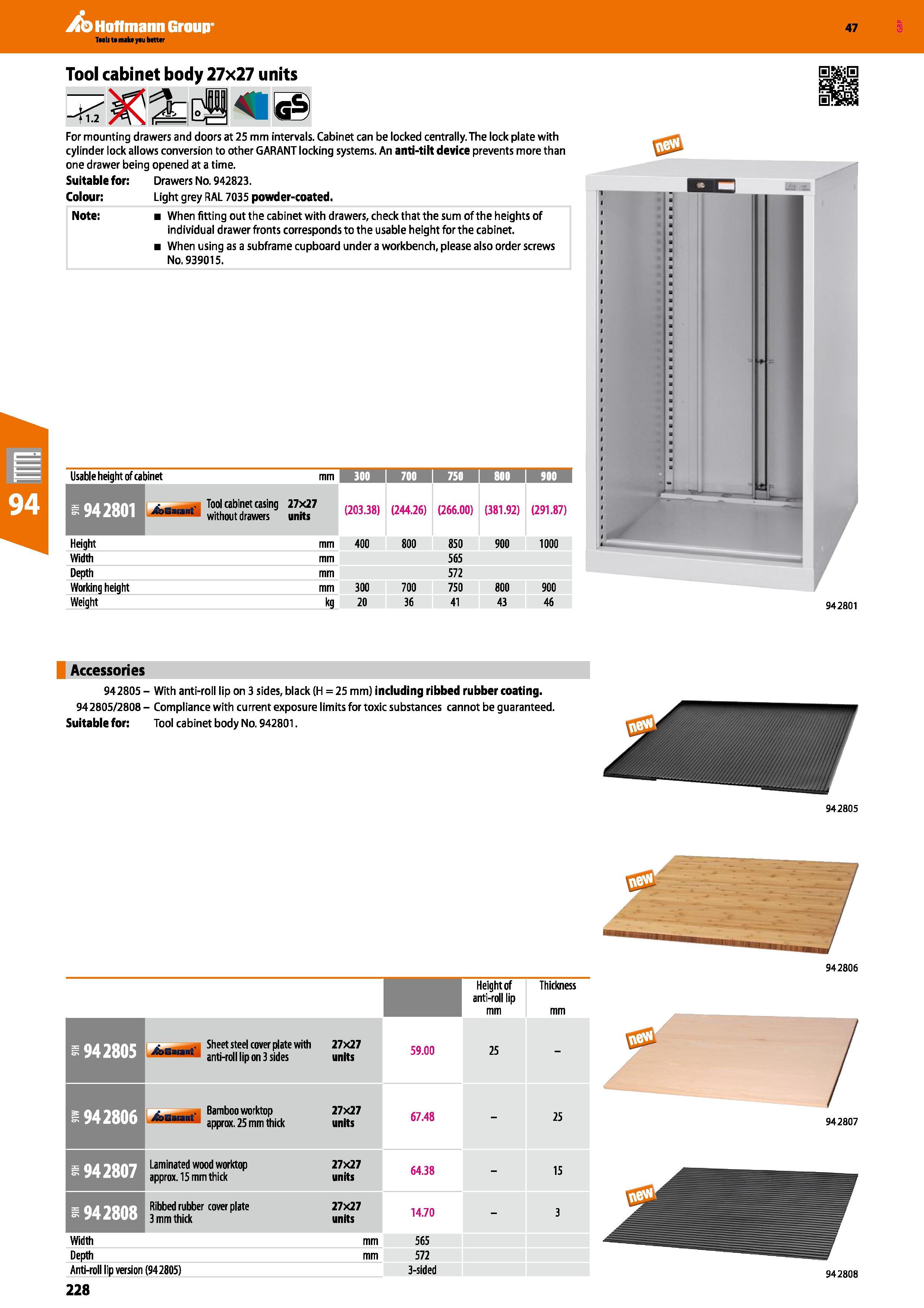 228 Hoffmann Group 47 Tool cabinet body 27x27 units For mounting drawers and doors at 25 mm intervals Cabinet can be locked centrally The lock plate Каталог HOFFMANN GROUP 2016 Производственная мебель для работы хранения и транспортировки в условиях промышленных предприятий и сервисных мастерских Вер. 47 ENG Стр. 228