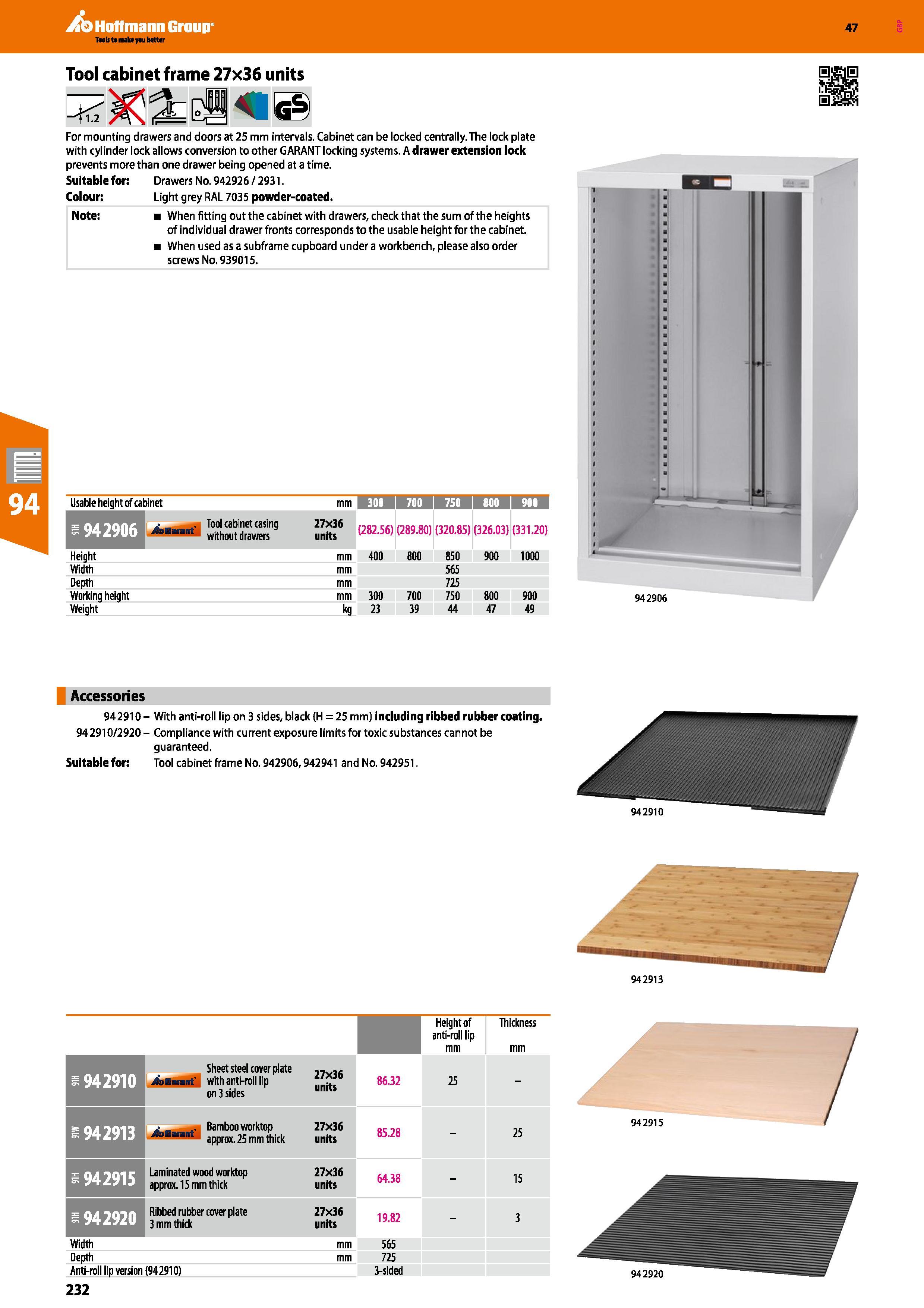232 Hoffmann Group 47 Tool cabinet frame 27x36 units For mounting drawers and doors at 25 mm intervals Cabinet can be locked centrally The lock plate Каталог HOFFMANN GROUP 2016 Производственная мебель для работы хранения и транспортировки в условиях промышленных предприятий и сервисных мастерских Вер. 47 ENG Стр. 232