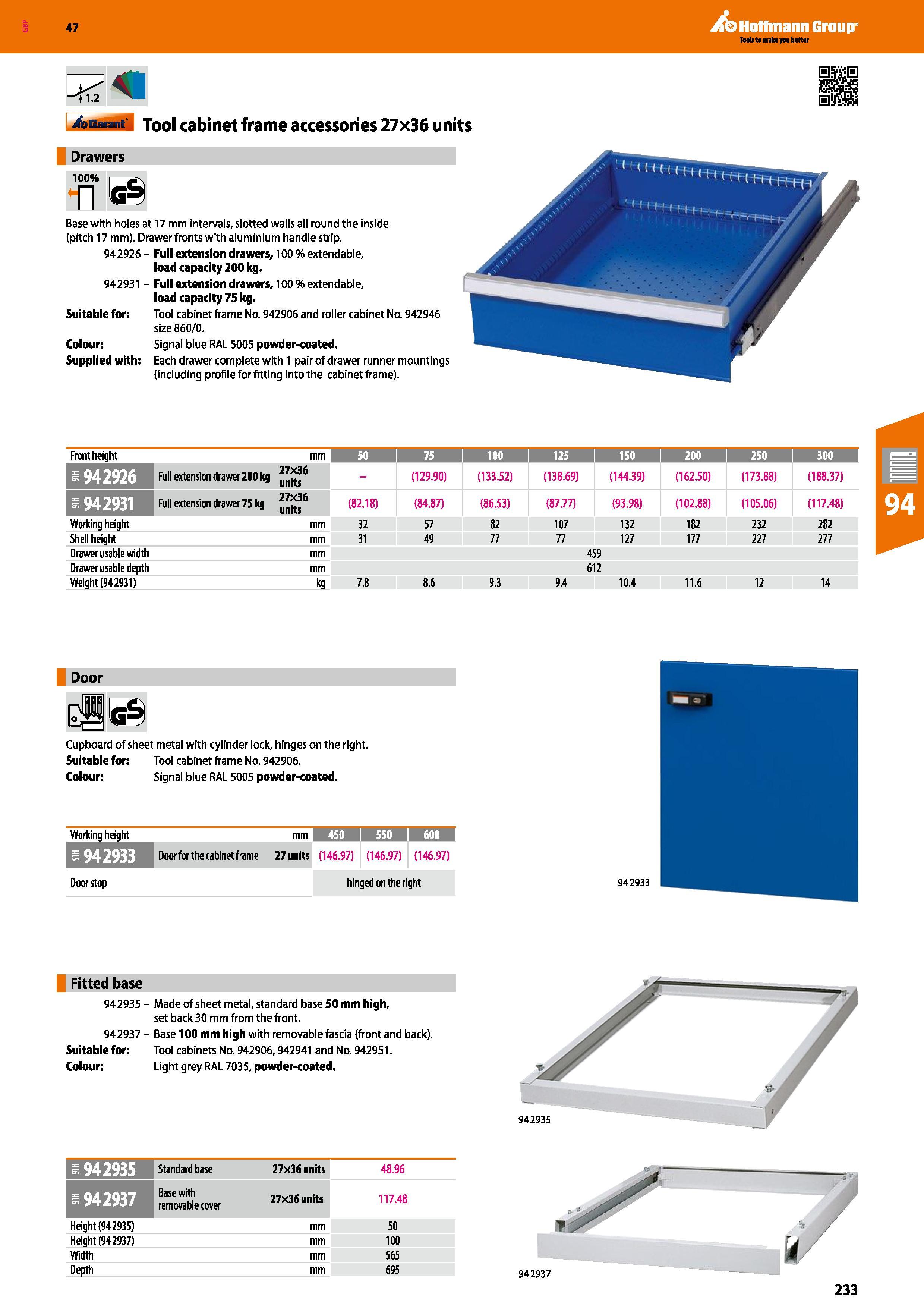 233 Hoffmann Group 47 <1 2 bGaiant Tool cabinet frame accessories 27x36 units Drawers Base with holes at 17 mm intervals, slotted walls all round the Каталог HOFFMANN GROUP 2016 Производственная мебель для работы хранения и транспортировки в условиях промышленных предприятий и сервисных мастерских Вер. 47 ENG Стр. 233