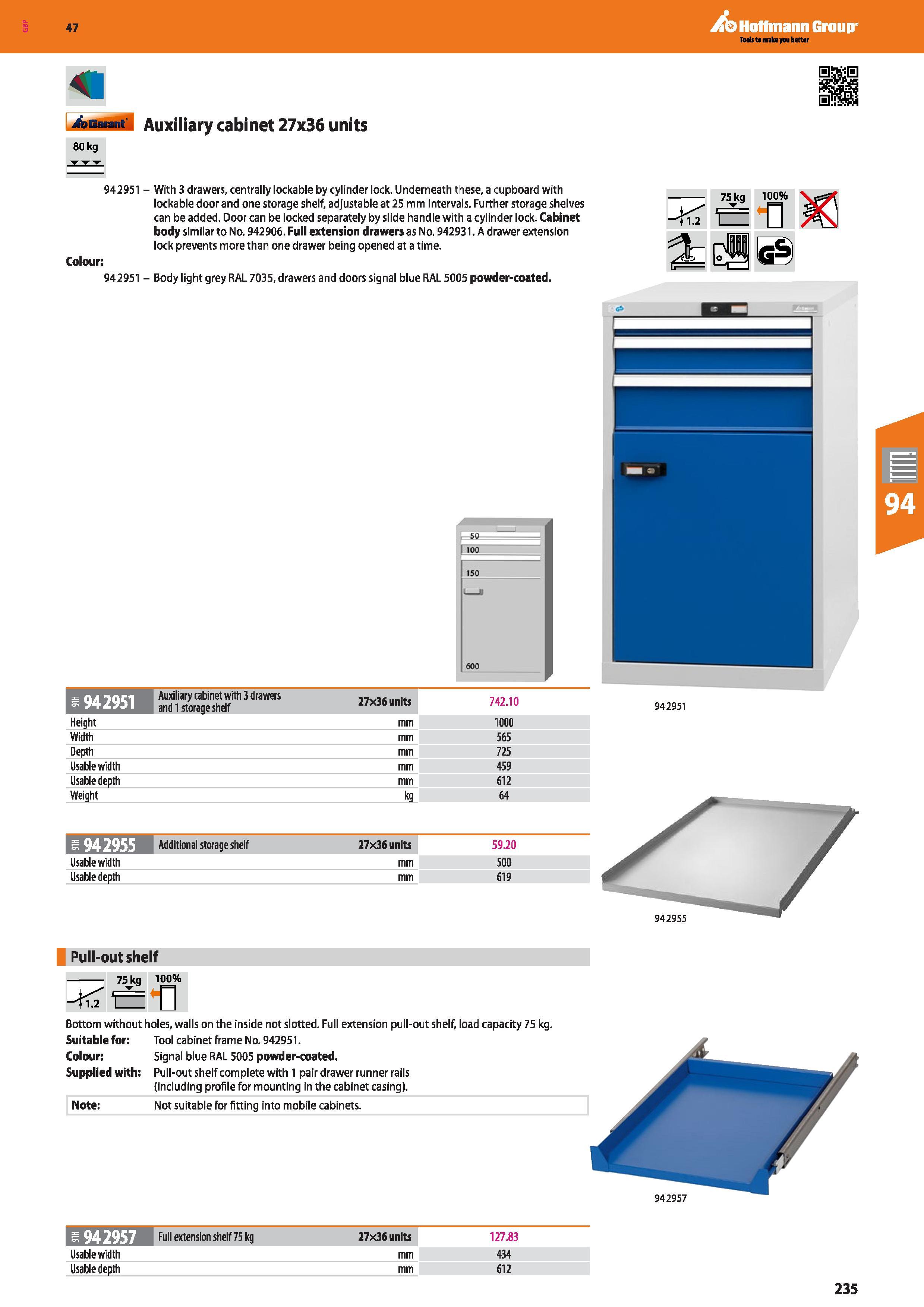 235 Hoffmann Group 47 4asan Auxiliary cabinet 27x36 units 80 kg Colour: 942951 - With 3 drawers, centrally lockable by cylinder lock Underneath these Каталог HOFFMANN GROUP 2016 Производственная мебель для работы хранения и транспортировки в условиях промышленных предприятий и сервисных мастерских Вер. 47 ENG Стр. 235