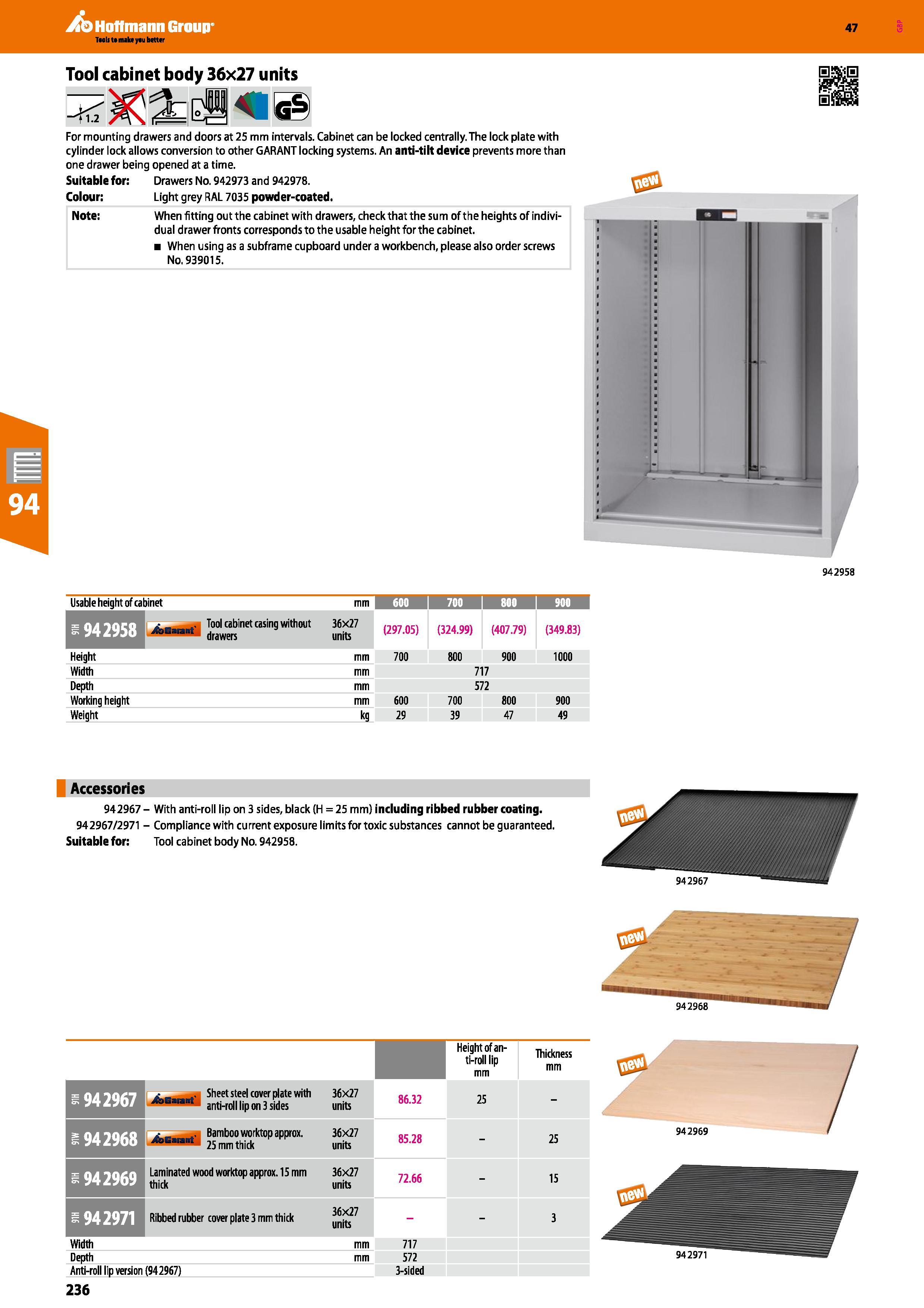 236 Hoffmann Group 47 Tool cabinet body 36x27 units For mounting drawers and doors at 25 mm intervals Cabinet can be locked centrally The lock plate Каталог HOFFMANN GROUP 2016 Производственная мебель для работы хранения и транспортировки в условиях промышленных предприятий и сервисных мастерских Вер. 47 ENG Стр. 236