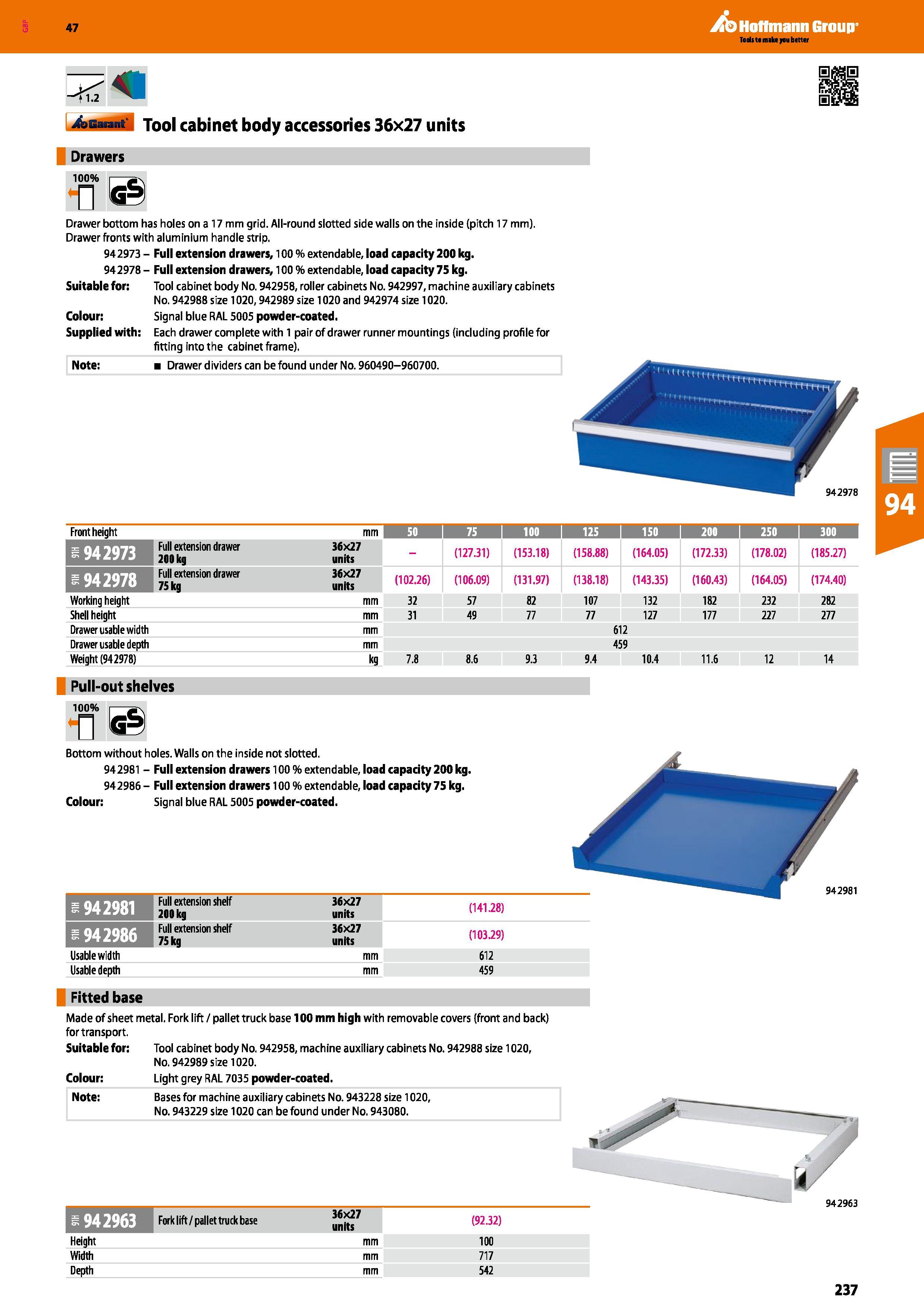 237 -T1 2 bGaiant Tool cabinet body accessories 36x27 units Drawers 100% Drawer bottom has holes on a 17 mm grid All-round slotted side walls on the Каталог HOFFMANN GROUP 2016 Производственная мебель для работы хранения и транспортировки в условиях промышленных предприятий и сервисных мастерских Вер. 47 ENG Стр. 237