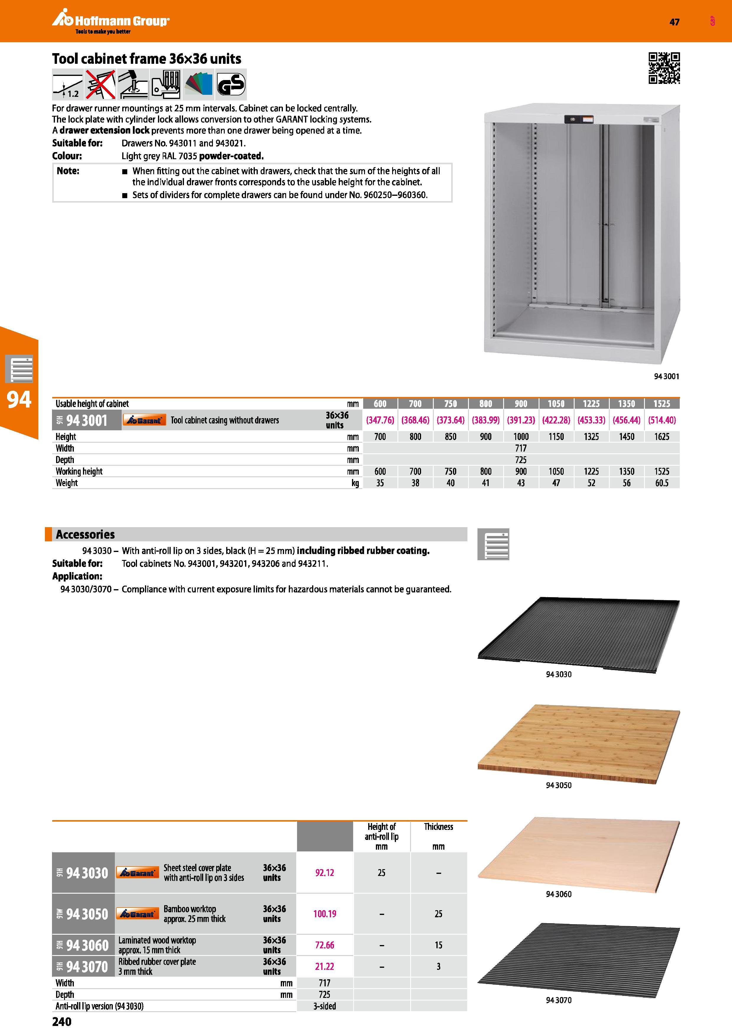 240 Hoffmann Group 47 Tool cabinet frame 36x36 units For drawer runner mountings at 25 mm intervals Cabinet can be locked centrally The lock plate wi Каталог HOFFMANN GROUP 2016 Производственная мебель для работы хранения и транспортировки в условиях промышленных предприятий и сервисных мастерских Вер. 47 ENG Стр. 240