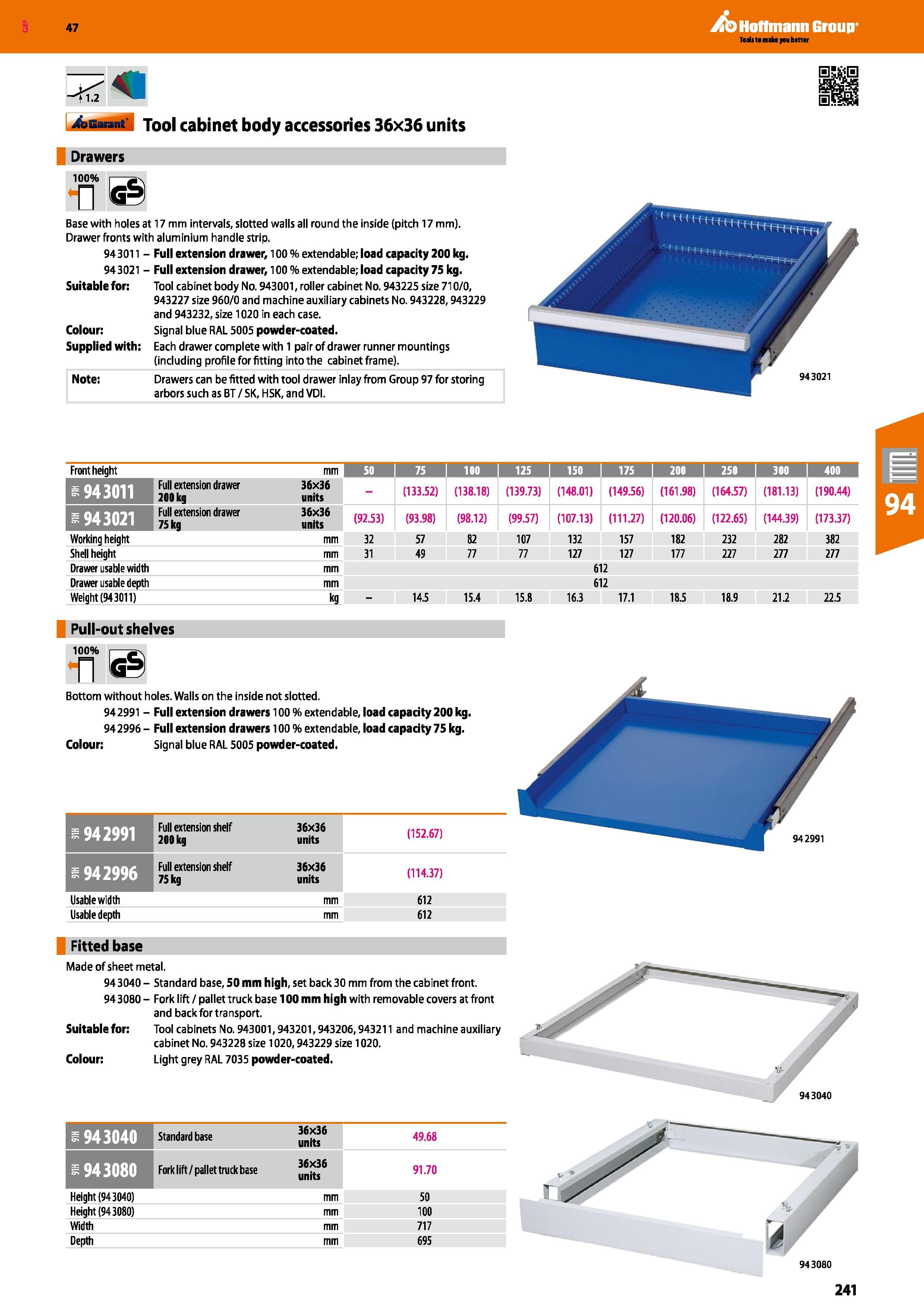 241 Hoffmann Group 47 <1 2 AGarant Tool cabinet body accessories 36x36 units Drawers 100% Base with holes at 17 mm intervals, slotted walls all round Каталог HOFFMANN GROUP 2016 Производственная мебель для работы хранения и транспортировки в условиях промышленных предприятий и сервисных мастерских Вер. 47 ENG Стр. 241