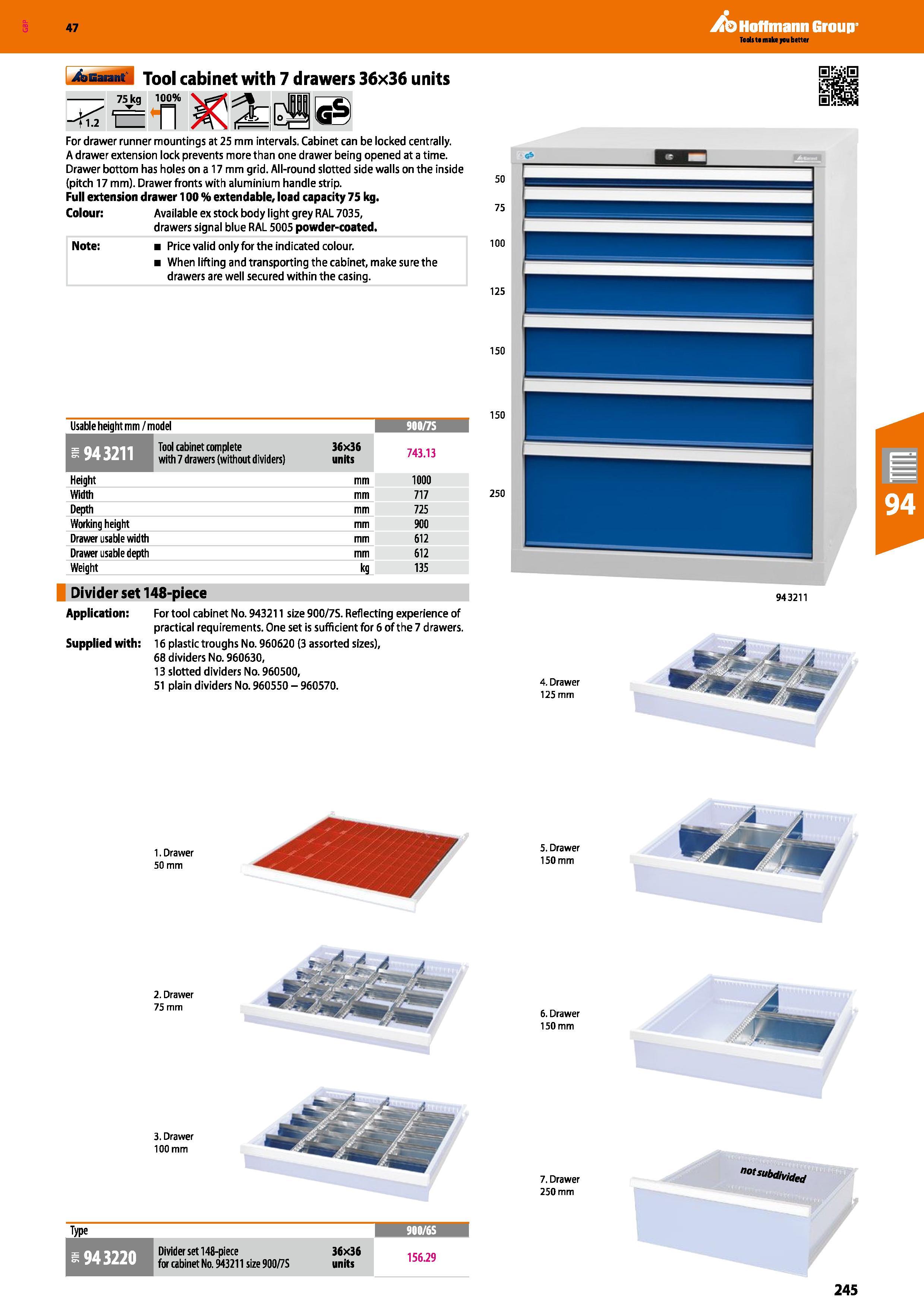 245 Hoffmann Group 47 Tool cabinet with 7 drawers 36x36 units - 75kg 100% ' = n wm For drawer runner mountings at 25 mm intervals Cabinet can be lock Каталог HOFFMANN GROUP 2016 Производственная мебель для работы хранения и транспортировки в условиях промышленных предприятий и сервисных мастерских Вер. 47 ENG Стр. 245