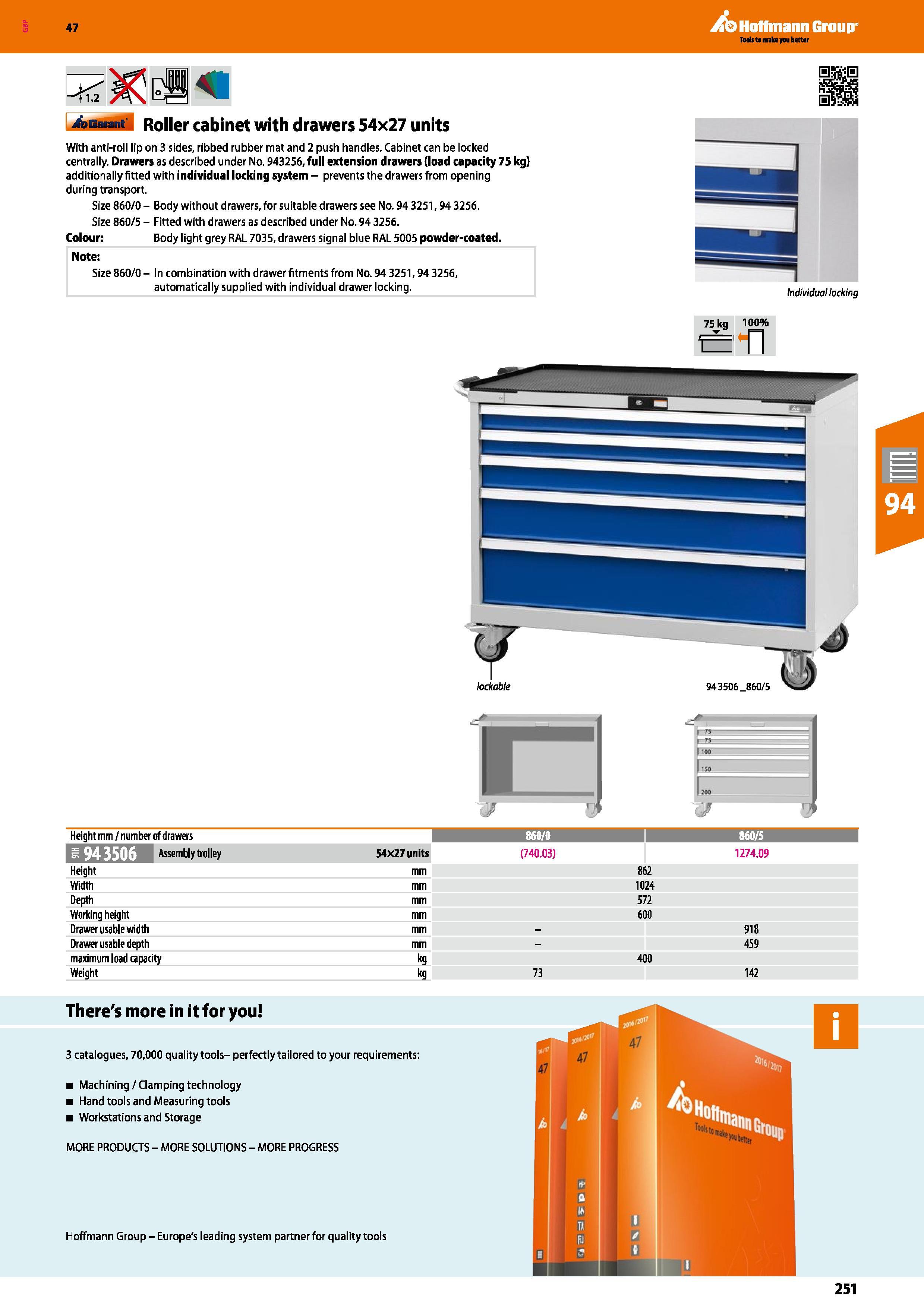 251 With anti-roll lip on 3 sides, ribbed rubber mat and 2 push handles Cabinet can be locked centrally Drawers as described under No 943256,full ext Каталог HOFFMANN GROUP 2016 Производственная мебель для работы хранения и транспортировки в условиях промышленных предприятий и сервисных мастерских Вер. 47 ENG Стр. 251