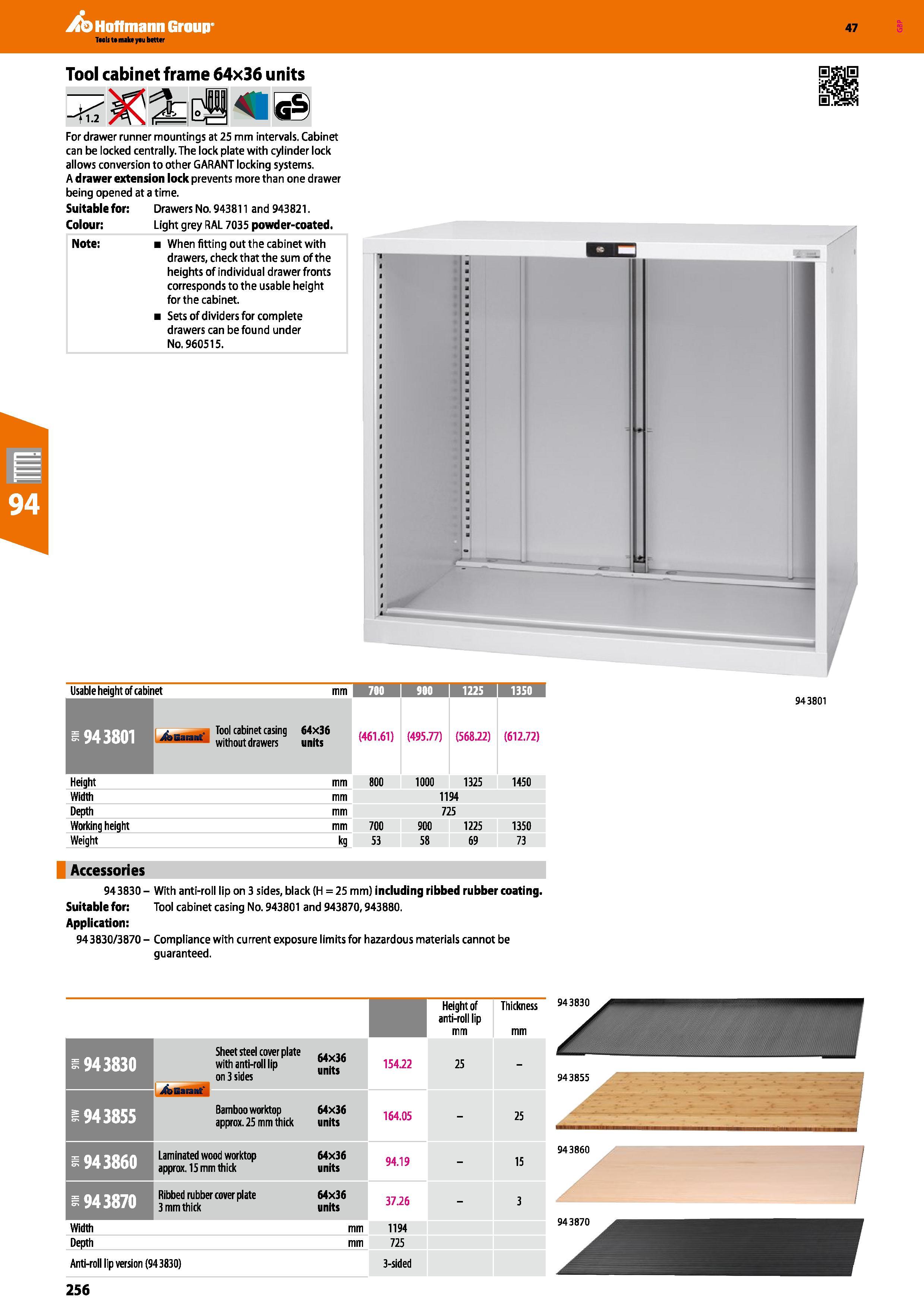 256 Hoffmann Group 47 Tool cabinet frame 64x36 units 'til For drawer runner mountings at 25 mm intervals Cabinet can be locked centrally The lock pla Каталог HOFFMANN GROUP 2016 Производственная мебель для работы хранения и транспортировки в условиях промышленных предприятий и сервисных мастерских Вер. 47 ENG Стр. 256