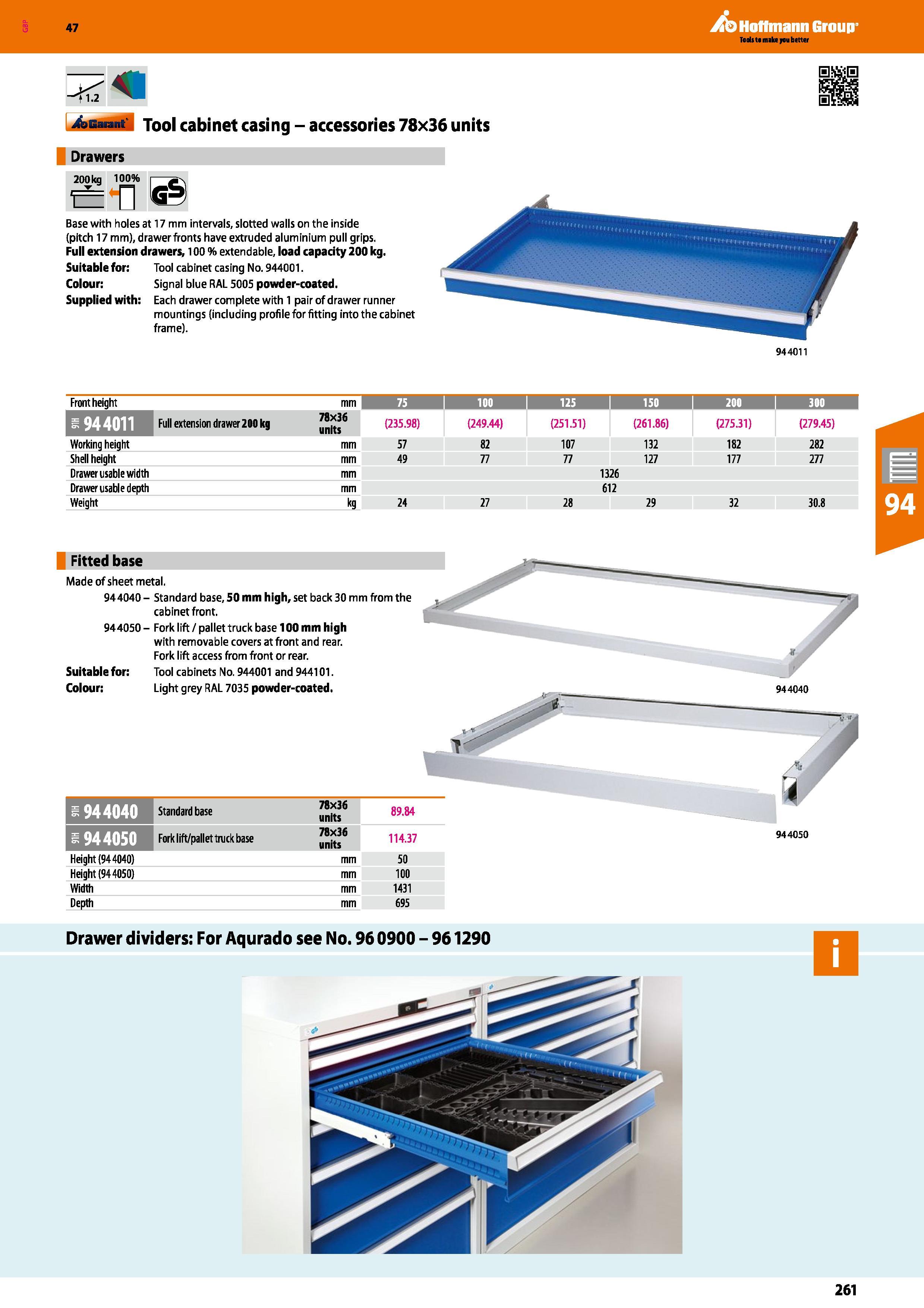 261 Hoffmann Group 47 <1 2 Aisarant Tool cabinet casing - accessories 78x36 units Drawers 200kg 100% I t n Base with holes at 17 mm intervals, slotte Каталог HOFFMANN GROUP 2016 Производственная мебель для работы хранения и транспортировки в условиях промышленных предприятий и сервисных мастерских Вер. 47 ENG Стр. 261