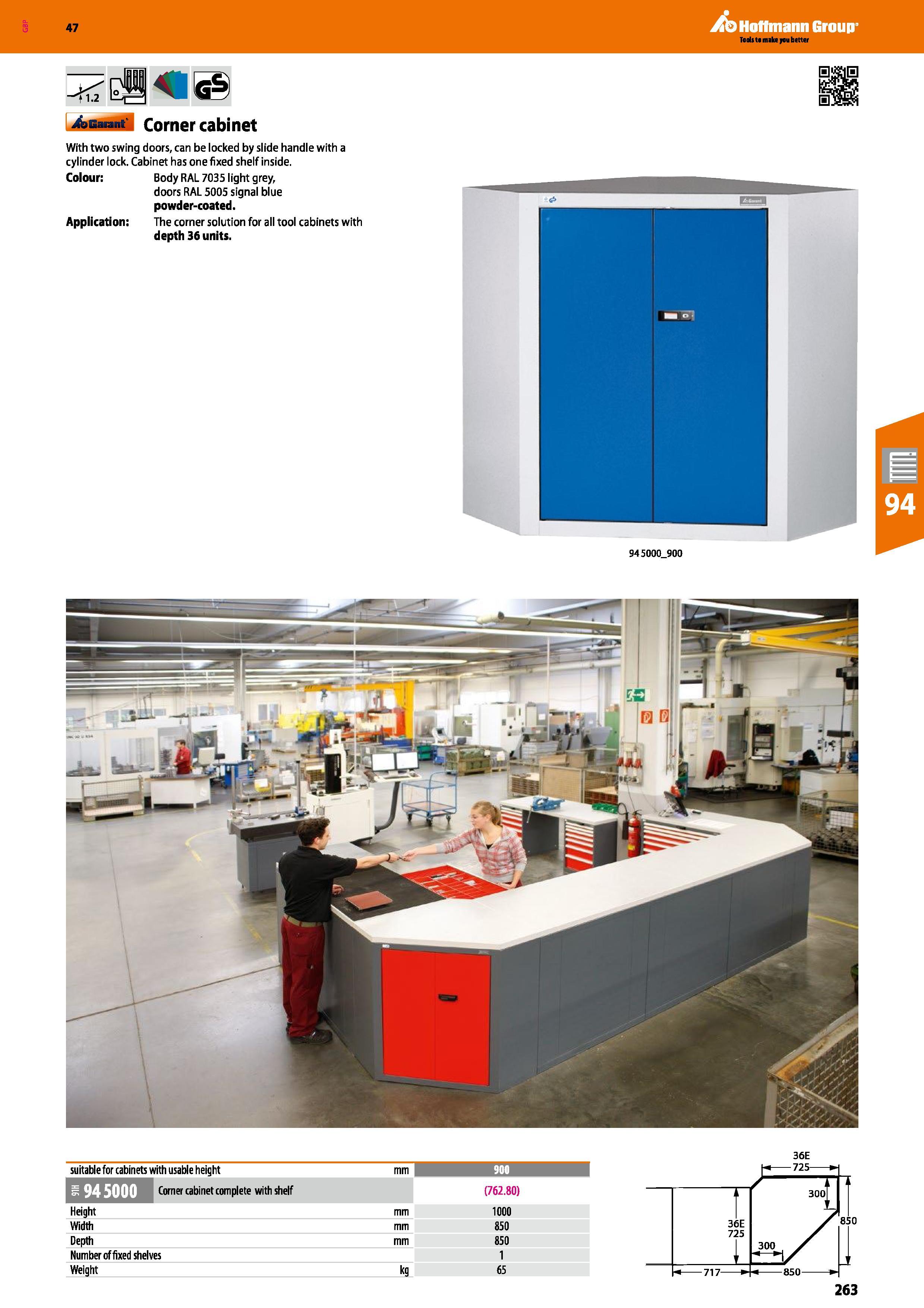 263 Hoffmann Group 47 4sbu M Comer cabinet With two swing doors, can be locked by slide handle with a cylinder lock Cabinet has one fixed shelf insid Каталог HOFFMANN GROUP 2016 Производственная мебель для работы хранения и транспортировки в условиях промышленных предприятий и сервисных мастерских Вер. 47 ENG Стр. 263