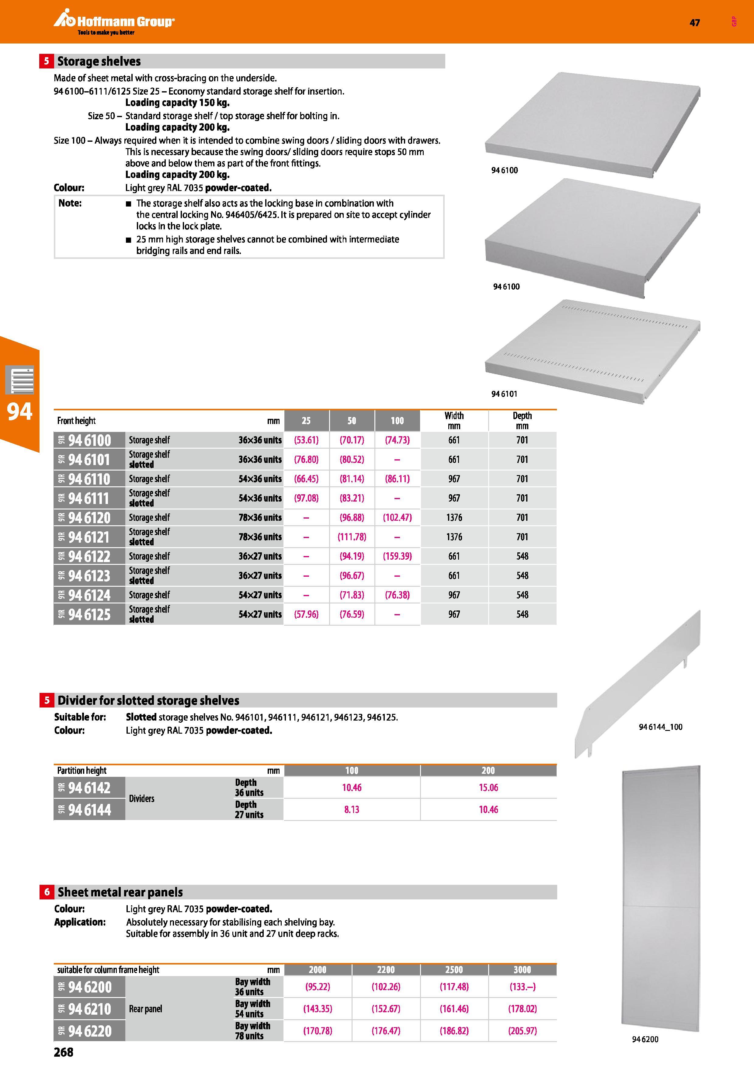 268 Hoffmann Group 47 Q Storage shelves Made of sheet metal with cross-bracing on the underside 946100-6111/6125 Size 25 - Economy standard storage s Каталог HOFFMANN GROUP 2016 Производственная мебель для работы хранения и транспортировки в условиях промышленных предприятий и сервисных мастерских Вер. 47 ENG Стр. 268