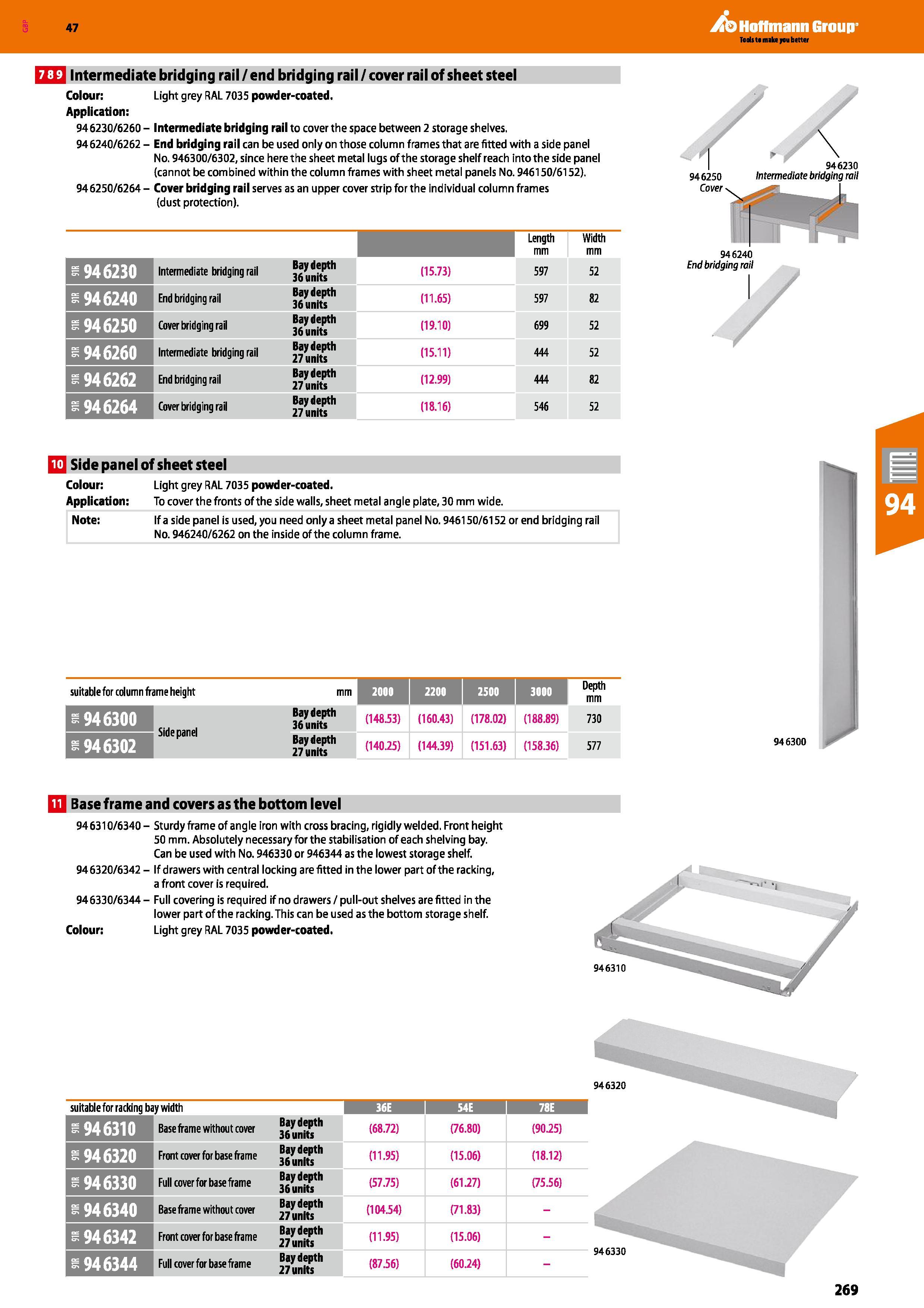 269 Hoffmann Group 47 HE Intermediate bridging rail/end bridging rail /cover rail of sheet steel Colour: Light grey RAL 7035 powder-coated Applicatio Каталог HOFFMANN GROUP 2016 Производственная мебель для работы хранения и транспортировки в условиях промышленных предприятий и сервисных мастерских Вер. 47 ENG Стр. 269