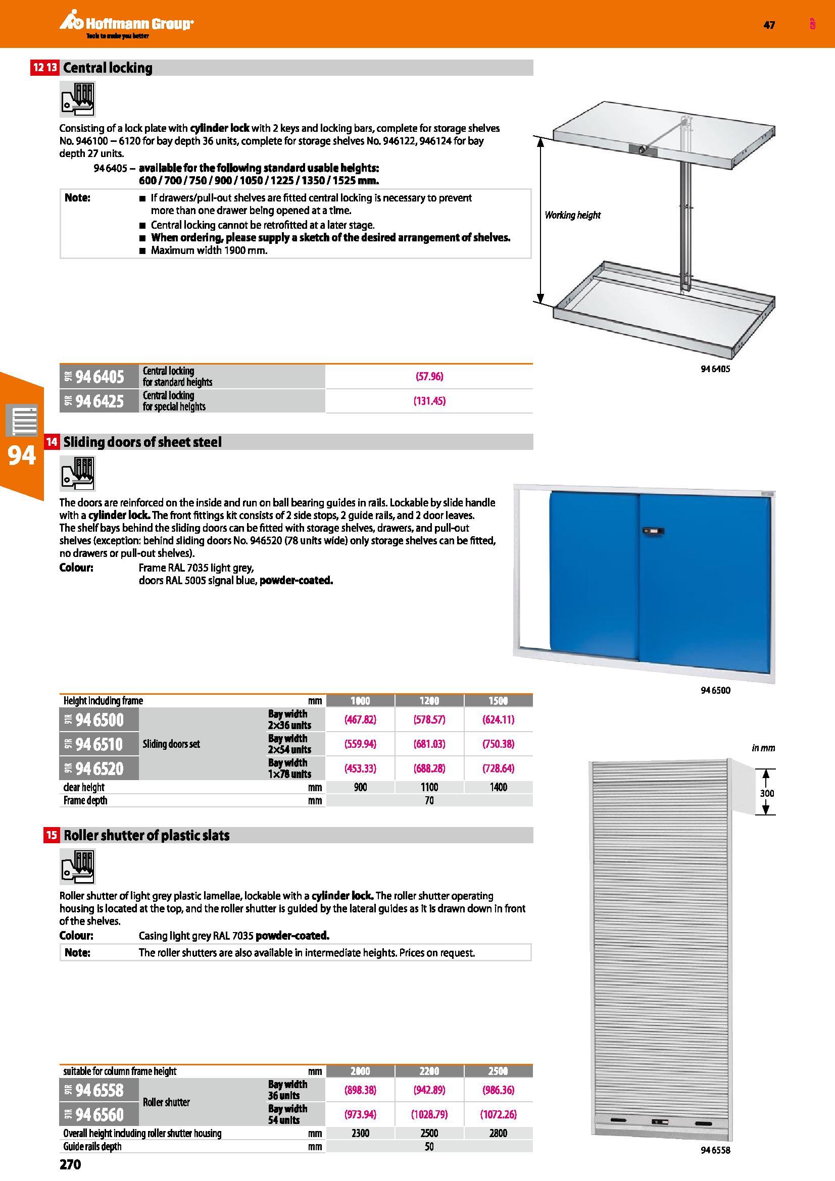 270 1213 Central locking Consisting of a lock plate with cylinder lock with 2 keys and locking bars, complete for storage shelves No 946100 - 6120 fo Каталог HOFFMANN GROUP 2016 Производственная мебель для работы хранения и транспортировки в условиях промышленных предприятий и сервисных мастерских Вер. 47 ENG Стр. 270