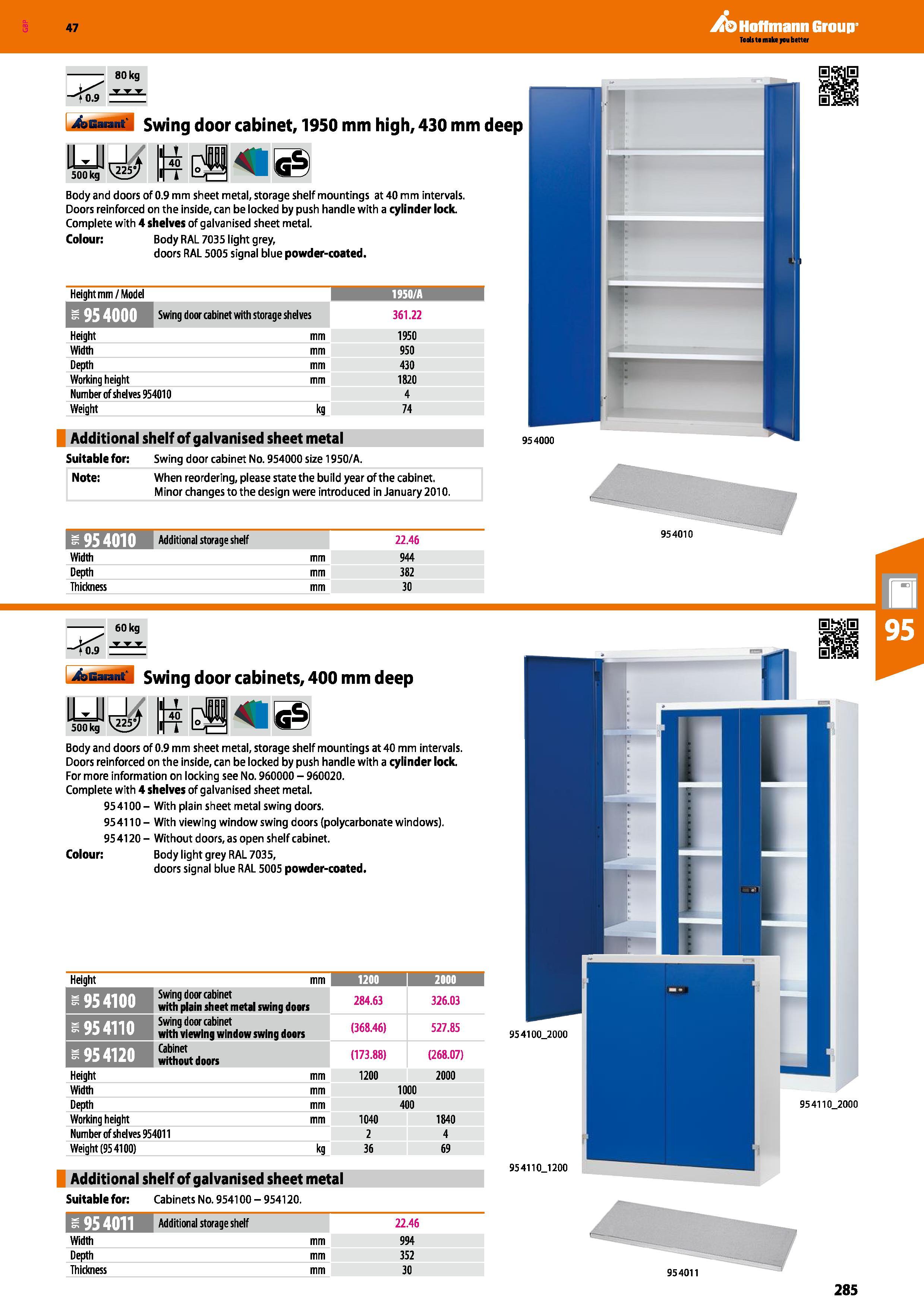 285 Hoffmann Group 47 4asmAM Swing door cabinet, 1950 mm high, 430 mm deep 04,114 Body and doors of 0 9 mm sheet metal, storage shelf mountings at 40 Каталог HOFFMANN GROUP 2016 Производственная мебель для работы хранения и транспортировки в условиях промышленных предприятий и сервисных мастерских Вер. 47 ENG Стр. 285