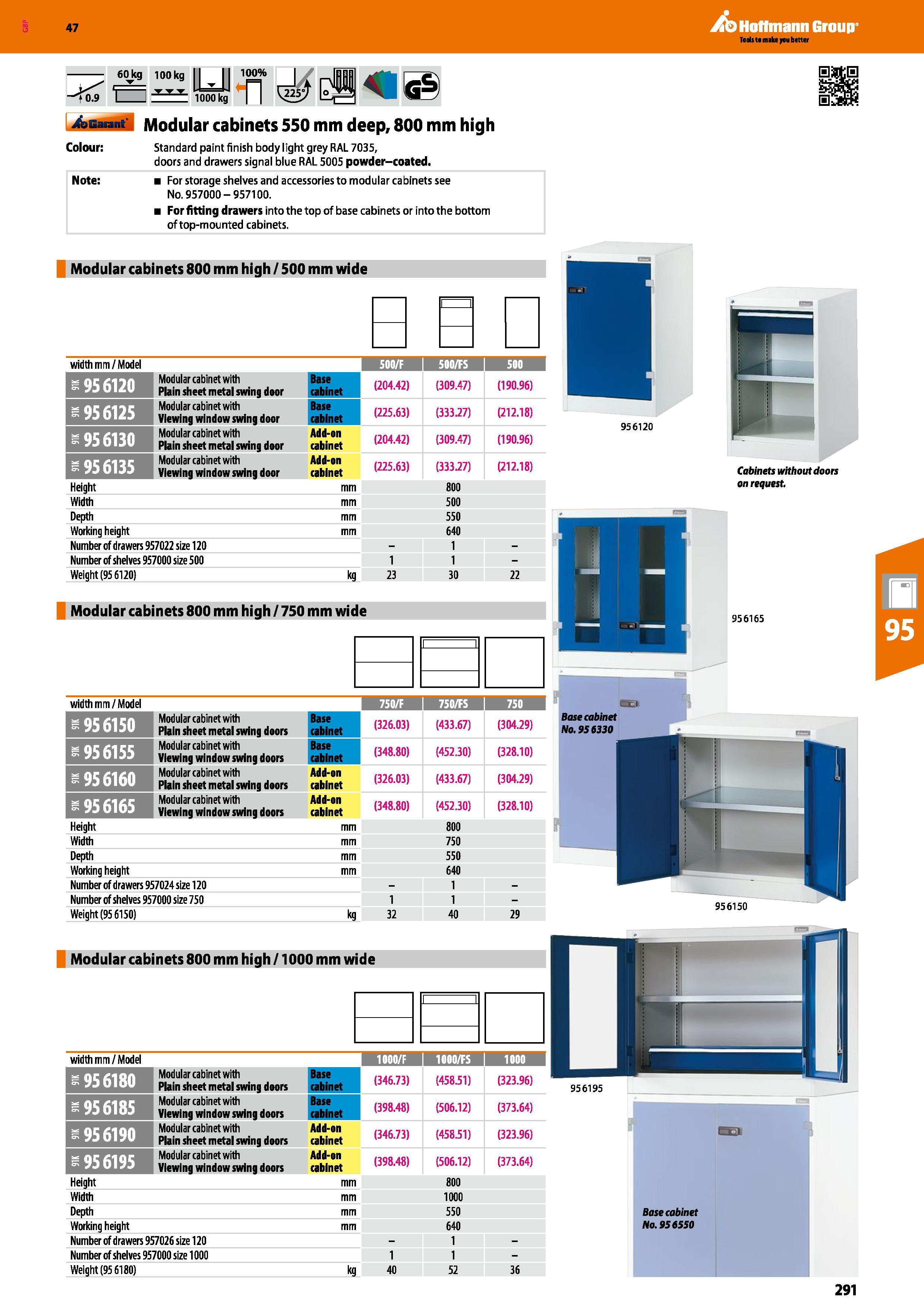291 Hoffmann Group 47 60Jcg 100 kg Auarant Modular cabinets 550 mm deep, 800 mm high Colour: Standard paint finish body light grey RAL 7035, doors an Каталог HOFFMANN GROUP 2016 Производственная мебель для работы хранения и транспортировки в условиях промышленных предприятий и сервисных мастерских Вер. 47 ENG Стр. 291