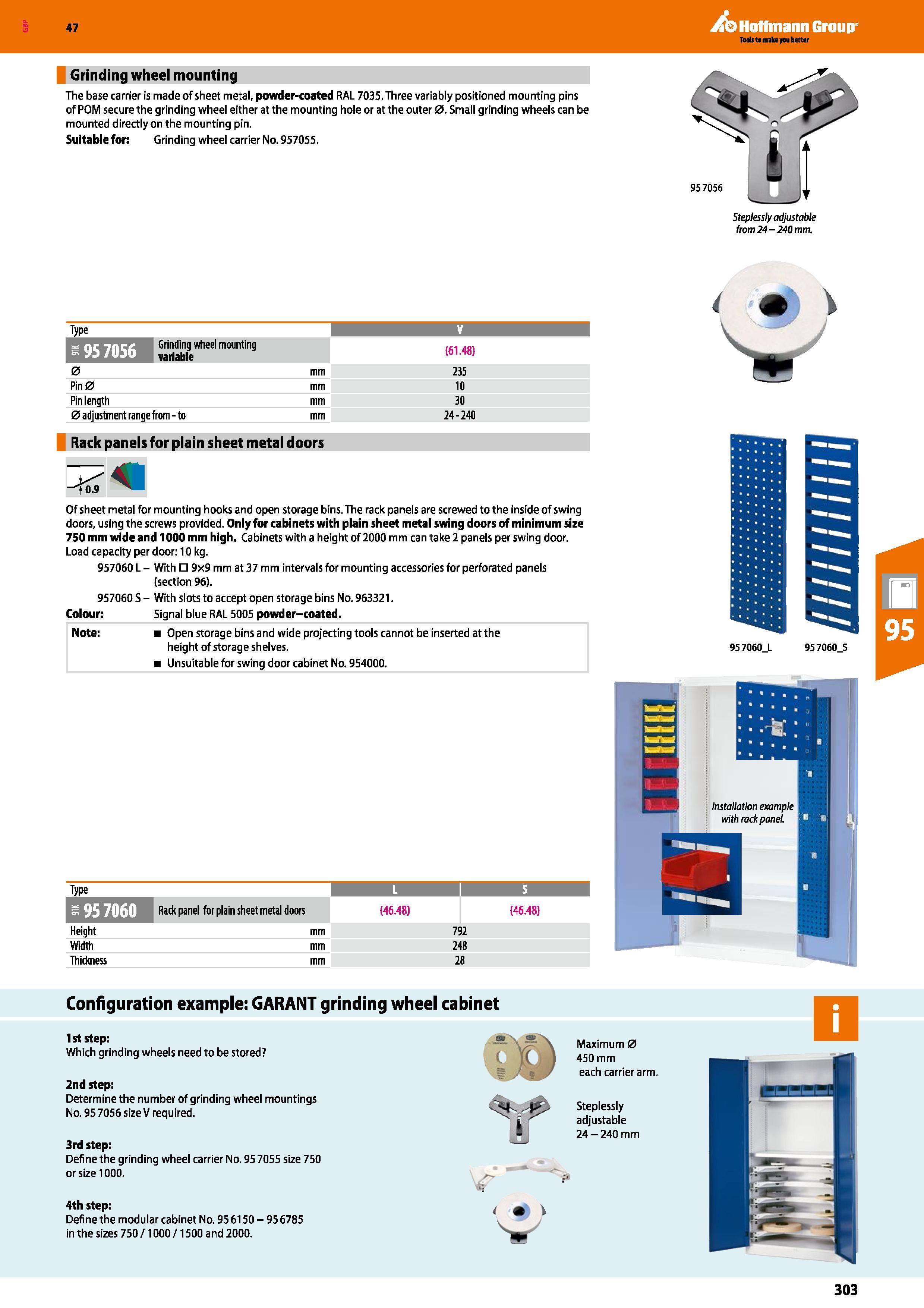 303 Hoffmann Group 47 Grinding wheel mounting The base carrier is made of sheet metal, powder-coated RAL 7035 Three variably positioned mounting pins Каталог HOFFMANN GROUP 2016 Производственная мебель для работы хранения и транспортировки в условиях промышленных предприятий и сервисных мастерских Вер. 47 ENG Стр. 303