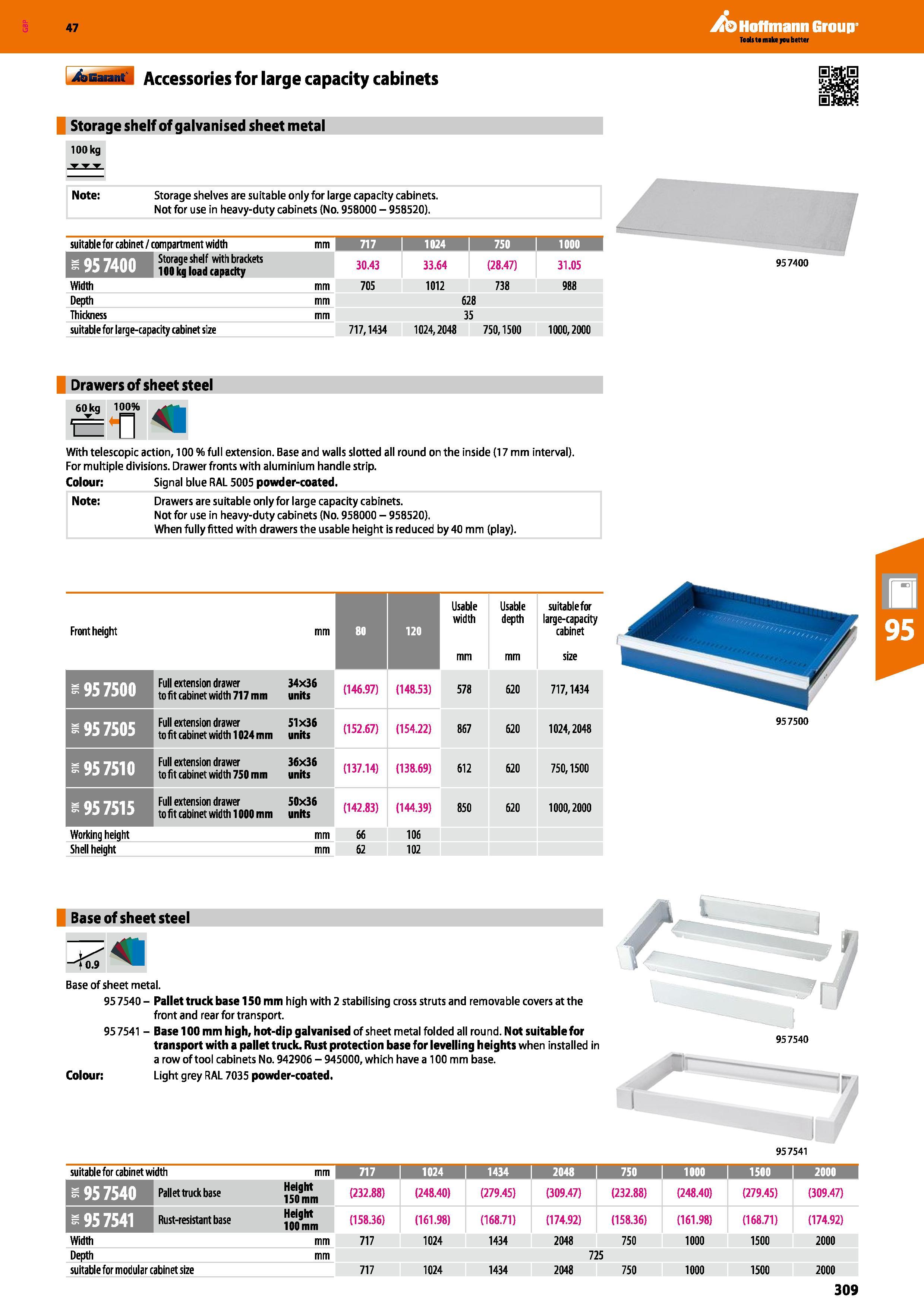 309 Hoffmann Group 47 Accessories for large capacity cabinets Storage shelf of galvanised sheet metal 100 kg Note: Storage shelves are suitable only Каталог HOFFMANN GROUP 2016 Производственная мебель для работы хранения и транспортировки в условиях промышленных предприятий и сервисных мастерских Вер. 47 ENG Стр. 309