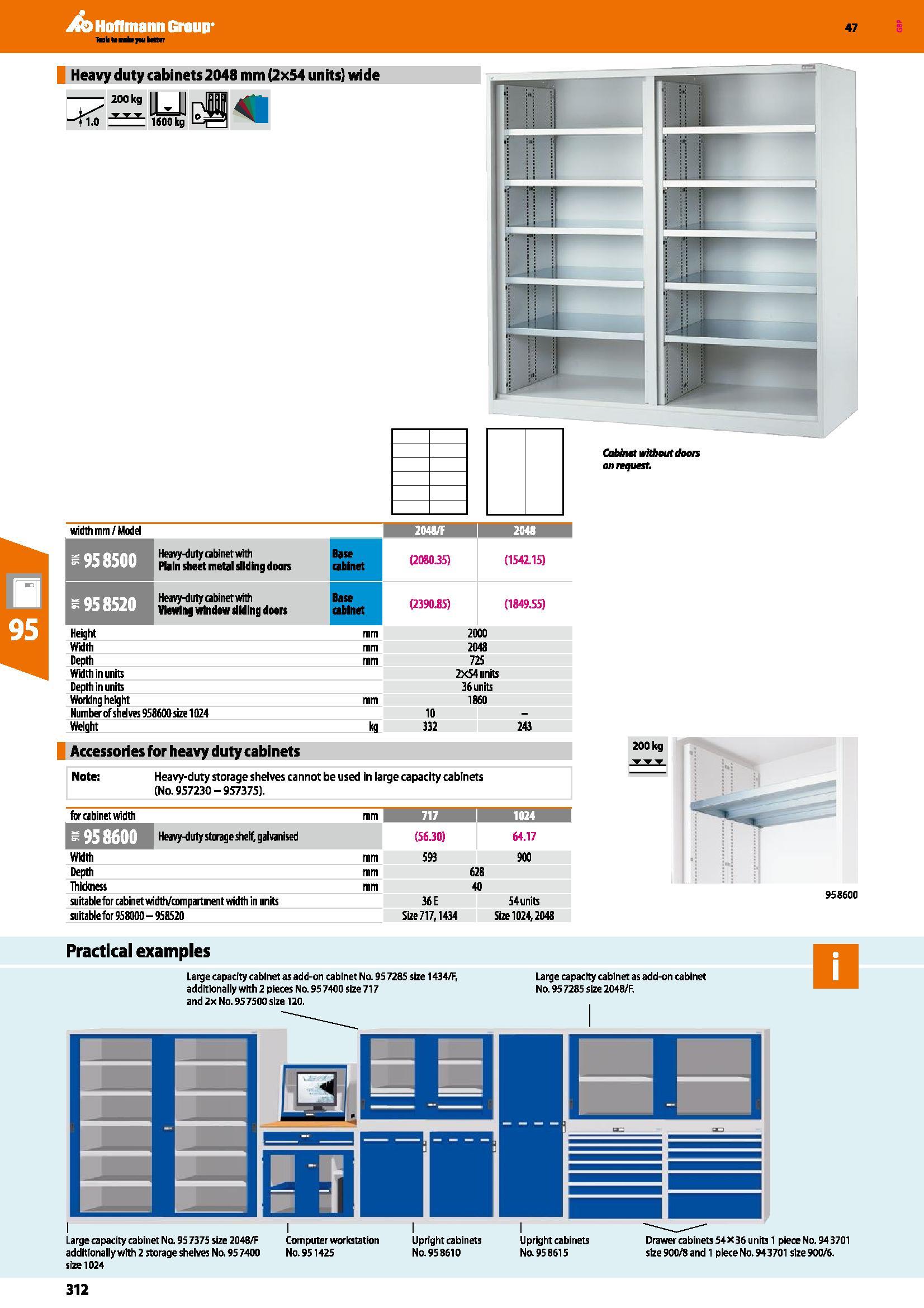 312 Heavy duty cabinets 2048 mm (2x54 units) wide Cabinet without doors on request width mm/Model 2048/F I 2048 I Heavy-duty cabinet with Plain sheet Каталог HOFFMANN GROUP 2016 Производственная мебель для работы хранения и транспортировки в условиях промышленных предприятий и сервисных мастерских Вер. 47 ENG Стр. 312