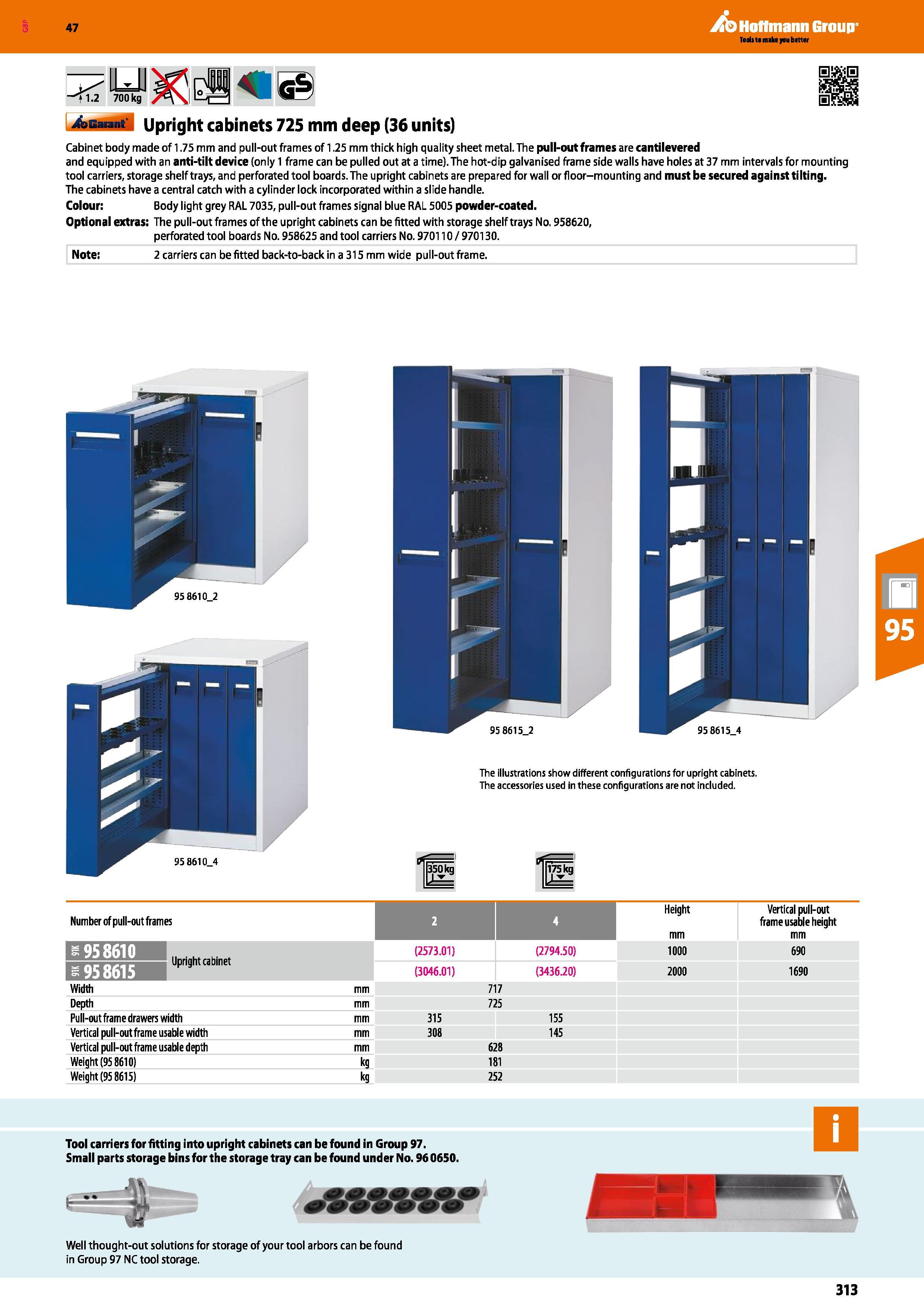 313 Hoffmann Group 47 Upright cabinets 725 mm deep (36 units) Cabinet body made of 1 75 mm and pull-out frames of 1 25 mm thick high quality sheet me Каталог HOFFMANN GROUP 2016 Производственная мебель для работы хранения и транспортировки в условиях промышленных предприятий и сервисных мастерских Вер. 47 ENG Стр. 313