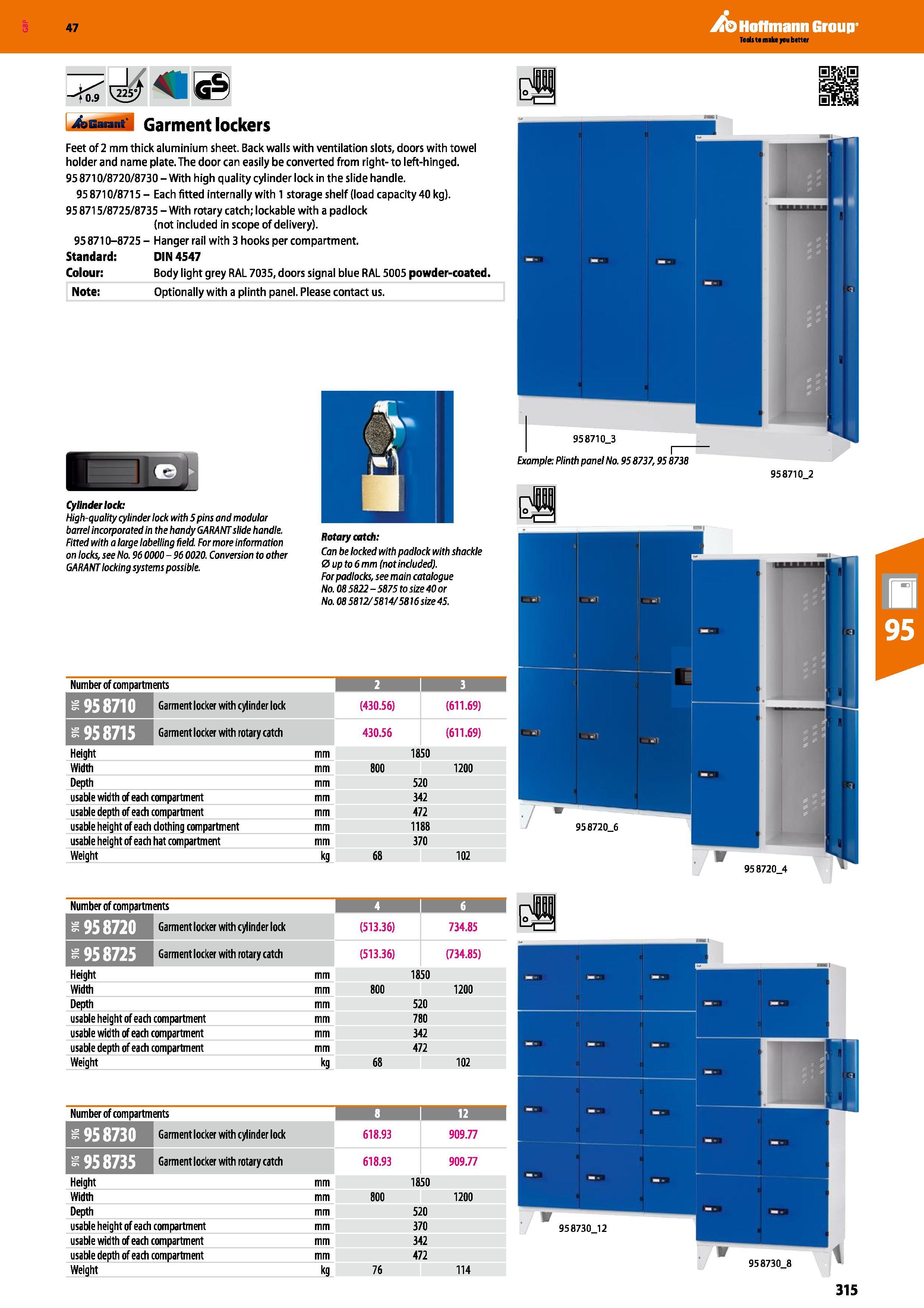 315 Hoffmann Group 47 <0 9 Auarant Garment lockers Feet of 2 mm thick aluminium sheet Back walls with ventilation slots, doors with towel holder and Каталог HOFFMANN GROUP 2016 Производственная мебель для работы хранения и транспортировки в условиях промышленных предприятий и сервисных мастерских Вер. 47 ENG Стр. 315