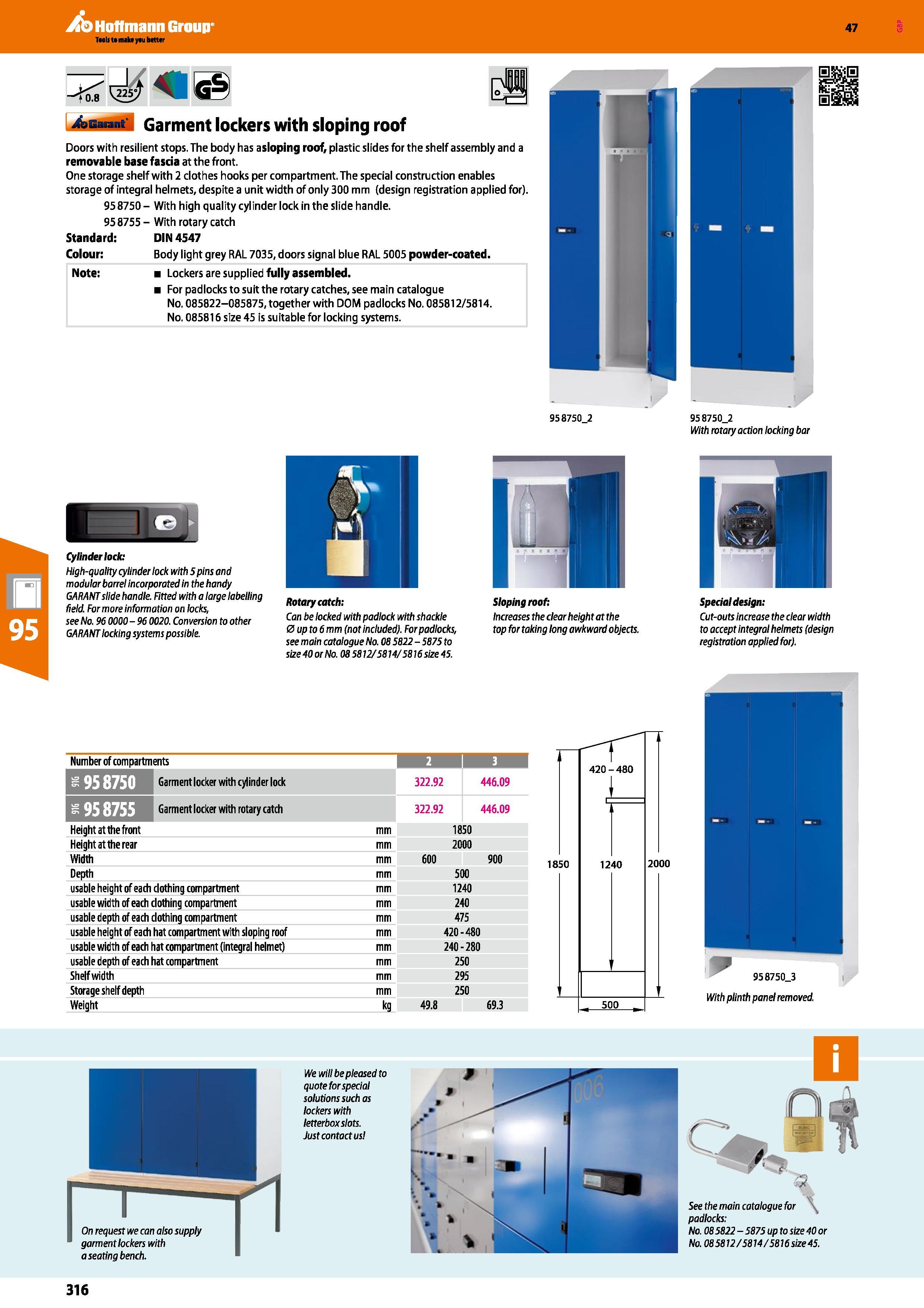316 Hoffmann Group 47 <0 8 Auarant Garment lockers with sloping roof Doors with resilient stops The body has asloping roof, plastic slides for the sh Каталог HOFFMANN GROUP 2016 Производственная мебель для работы хранения и транспортировки в условиях промышленных предприятий и сервисных мастерских Вер. 47 ENG Стр. 316