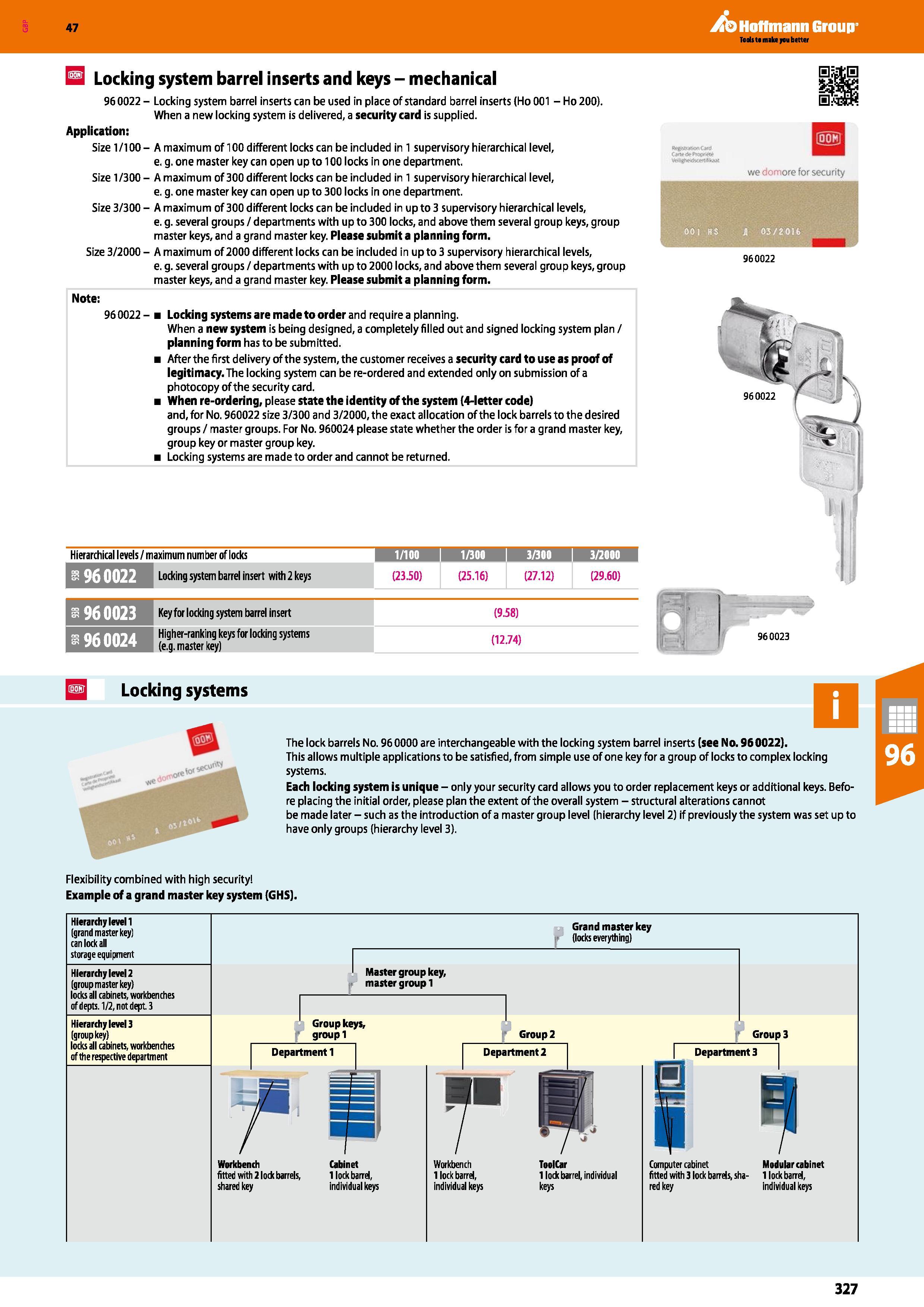 327 Hoffmann Group 47 Locking system barrel inserts and keys - mechanical 96 0022 - Locking system barrel inserts can be used in place of standard ba Каталог HOFFMANN GROUP 2016 Производственная мебель для работы хранения и транспортировки в условиях промышленных предприятий и сервисных мастерских Вер. 47 ENG Стр. 327