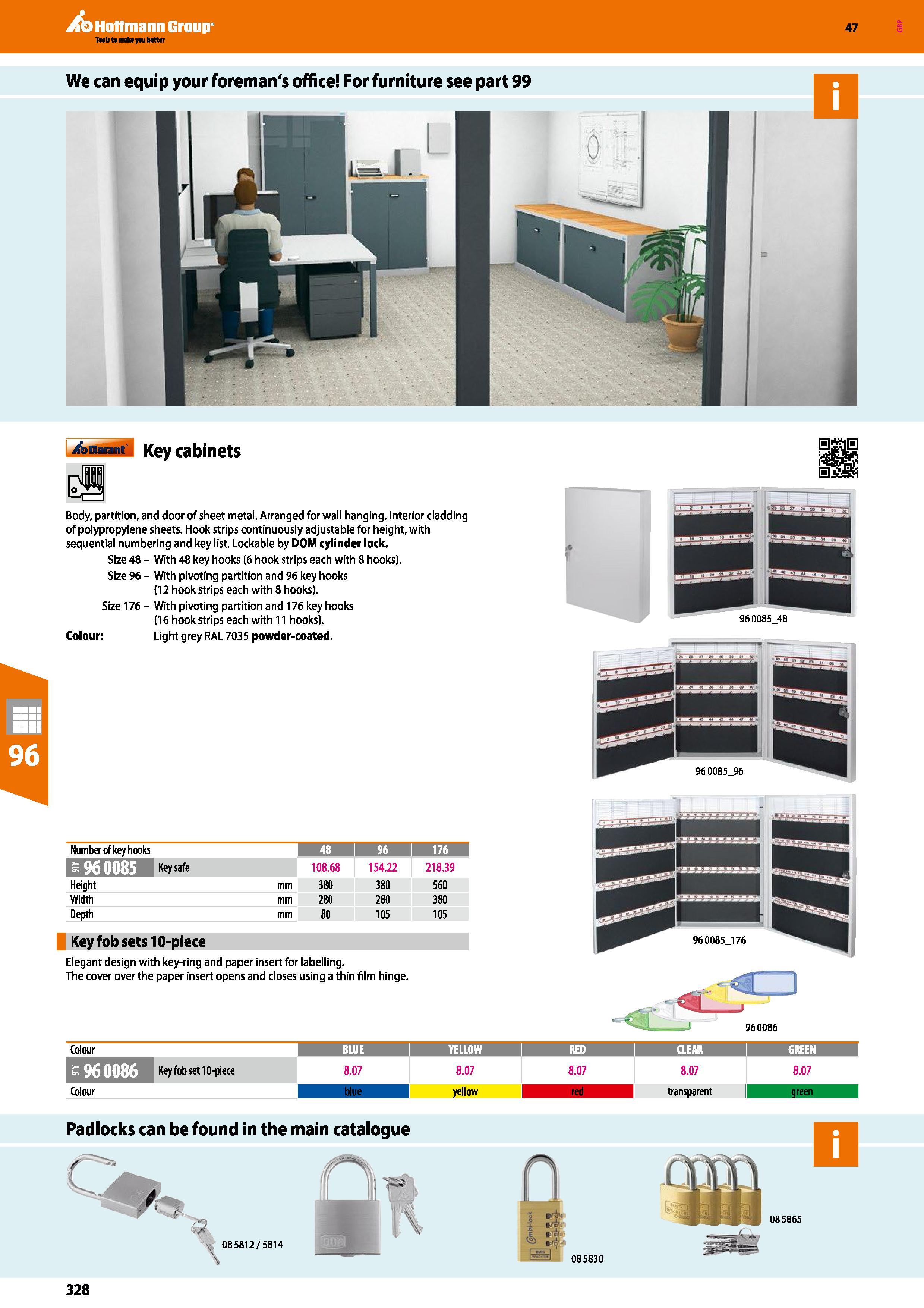 328 Hoffmann Group 47 Key cabinets Body, partition, and door of sheet metal Arranged for wall hanging Interior cladding of polypropylene sheets Hook Каталог HOFFMANN GROUP 2016 Производственная мебель для работы хранения и транспортировки в условиях промышленных предприятий и сервисных мастерских Вер. 47 ENG Стр. 328