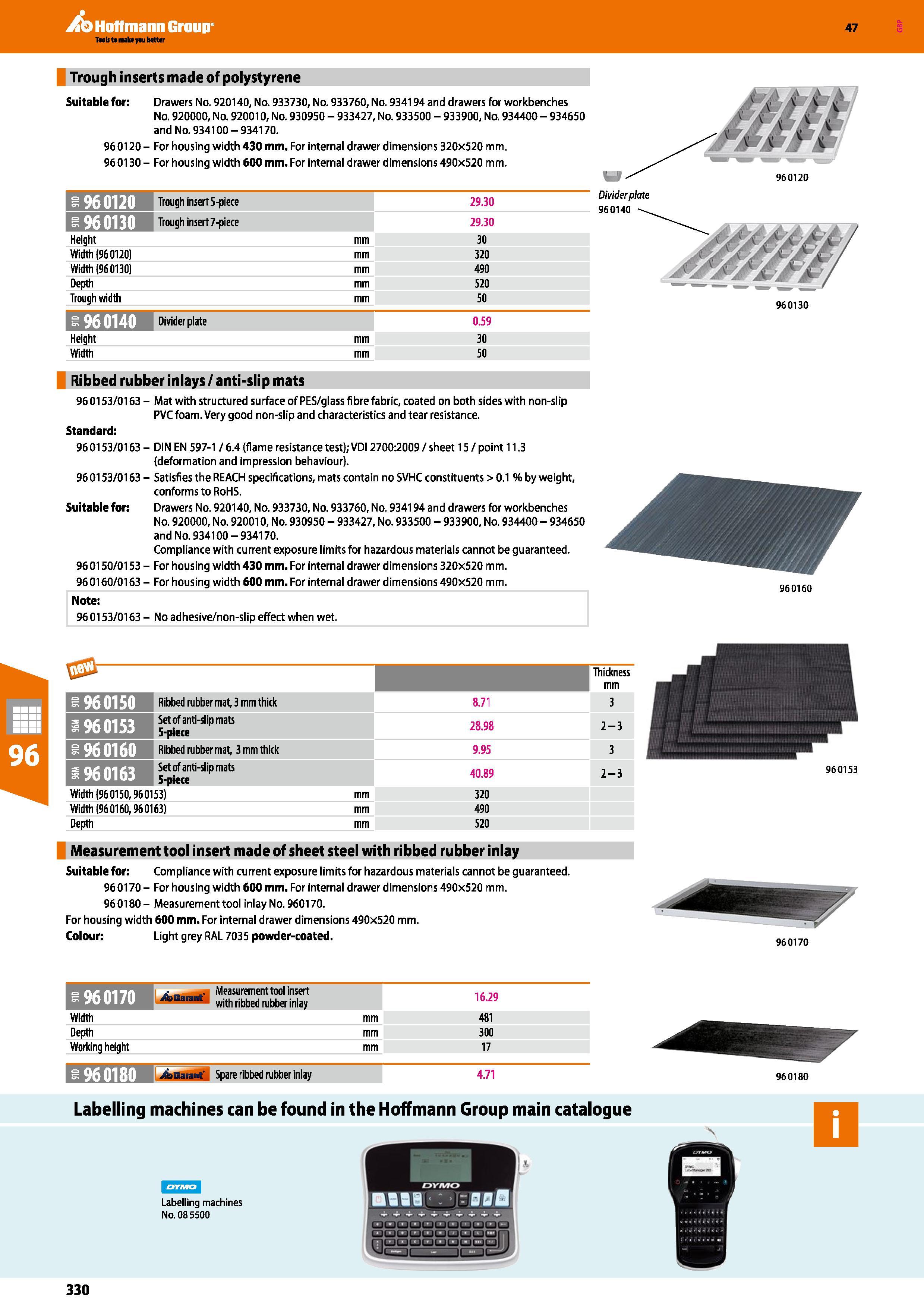 330 Hoffmann Group 47 Trough inserts made of polystyrene Suitable for: Drawers No 920140, No 933730, No 933760, No 934194 and drawers for workbenches Каталог HOFFMANN GROUP 2016 Производственная мебель для работы хранения и транспортировки в условиях промышленных предприятий и сервисных мастерских Вер. 47 ENG Стр. 330