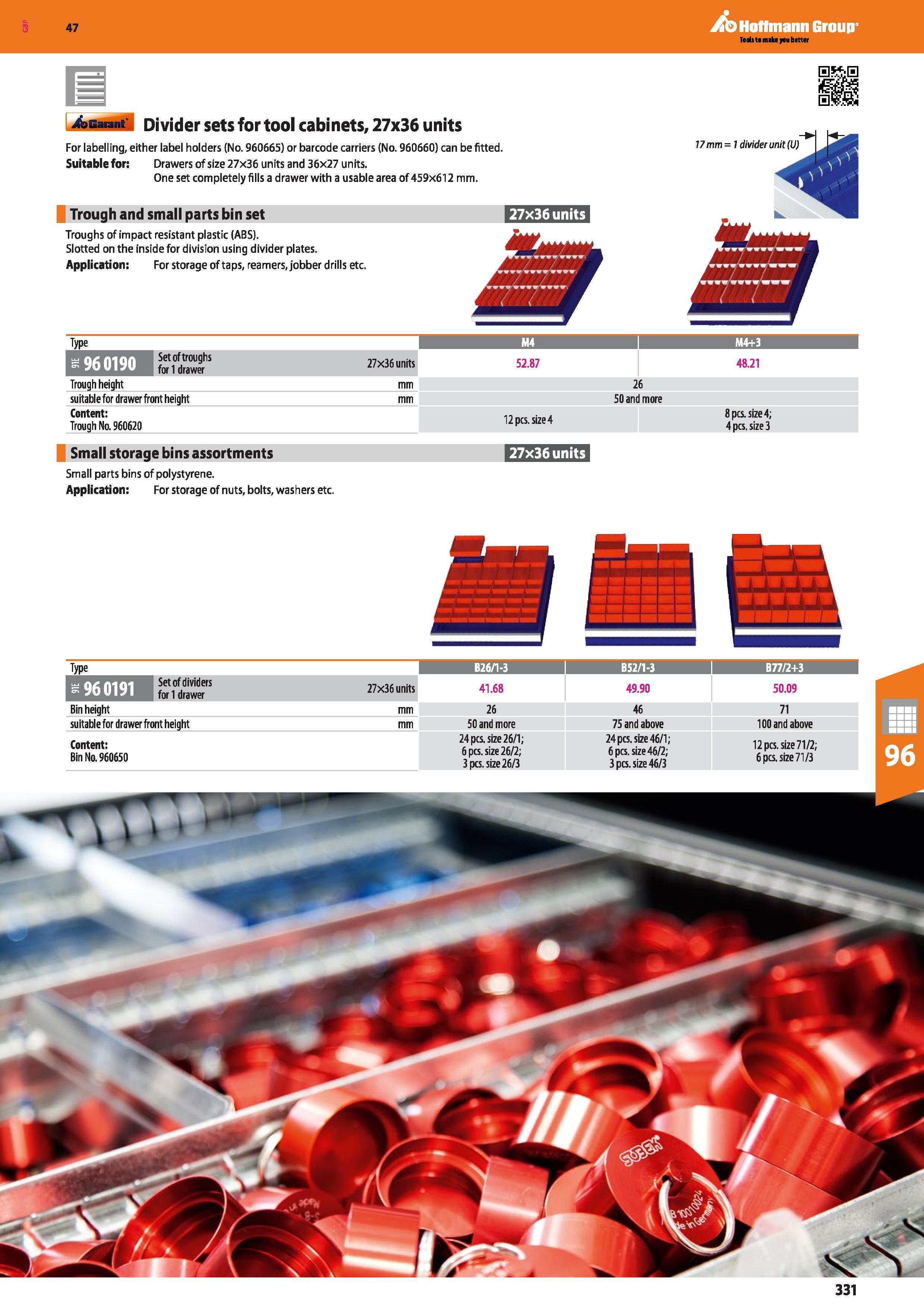 331 Hoffmann Group 47 Auarant Divider sets for tool cabinets, 27x36 units For labelling, either label holders (No 960665) or barcode carriers (No 960 Каталог HOFFMANN GROUP 2016 Производственная мебель для работы хранения и транспортировки в условиях промышленных предприятий и сервисных мастерских Вер. 47 ENG Стр. 331