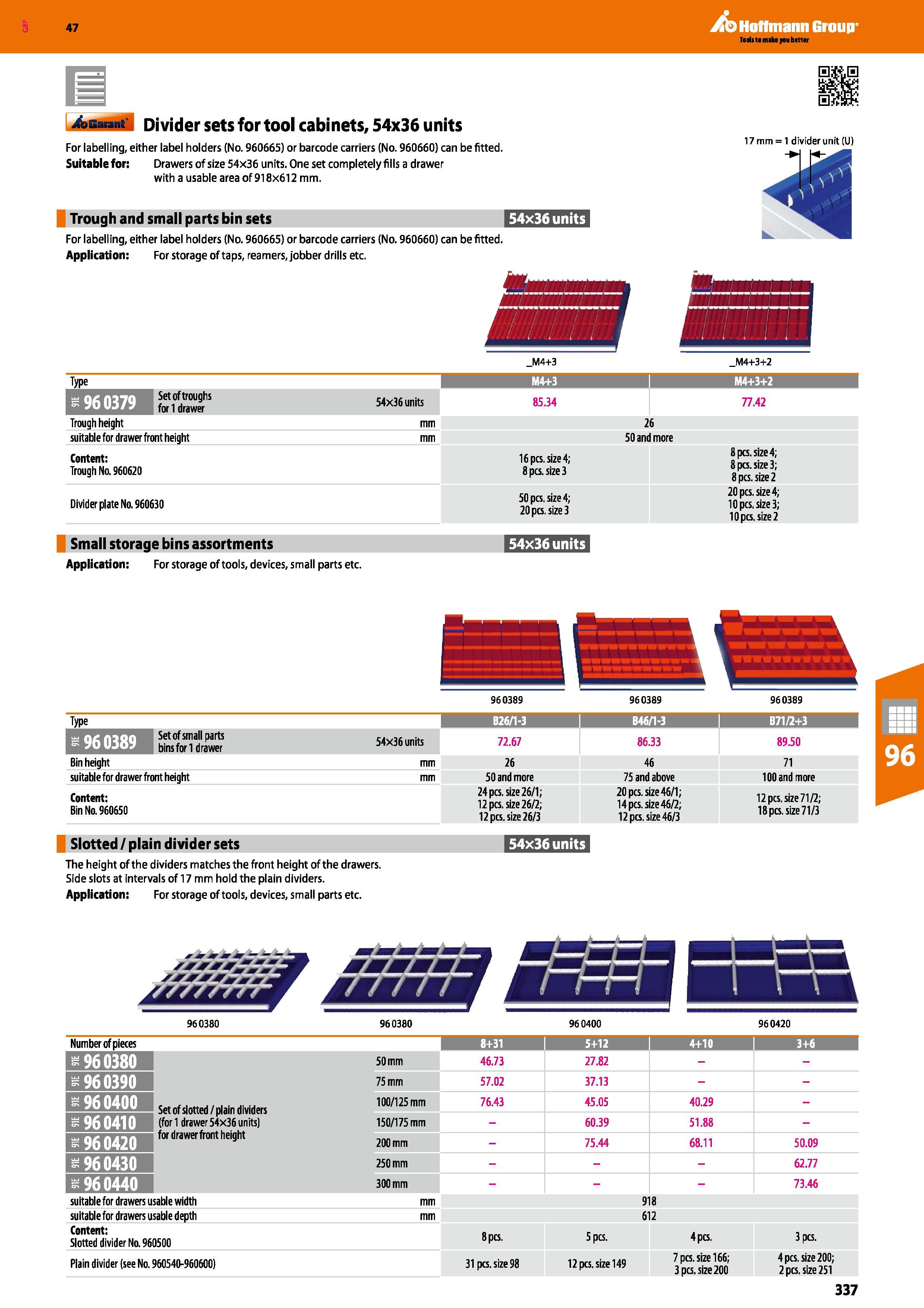 337 Hoffmann Group 47 4asaAid Divider sets for tool cabinets, 54x36 units For labelling, either label holders (No 960665) or barcode carriers (No 960 Каталог HOFFMANN GROUP 2016 Производственная мебель для работы хранения и транспортировки в условиях промышленных предприятий и сервисных мастерских Вер. 47 ENG Стр. 337